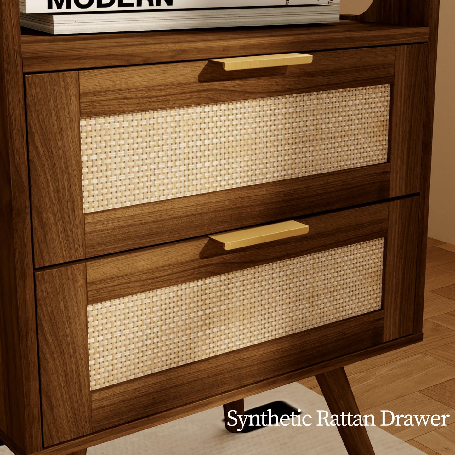 JOONEE Rattan Nightstand,Farmhouse Bedside Table with 2 Storage Drawer and Open Wood Shelf, for Bedroom and Small Spaces,Night Stand with Solid Wood Legs (Walnut Brown)