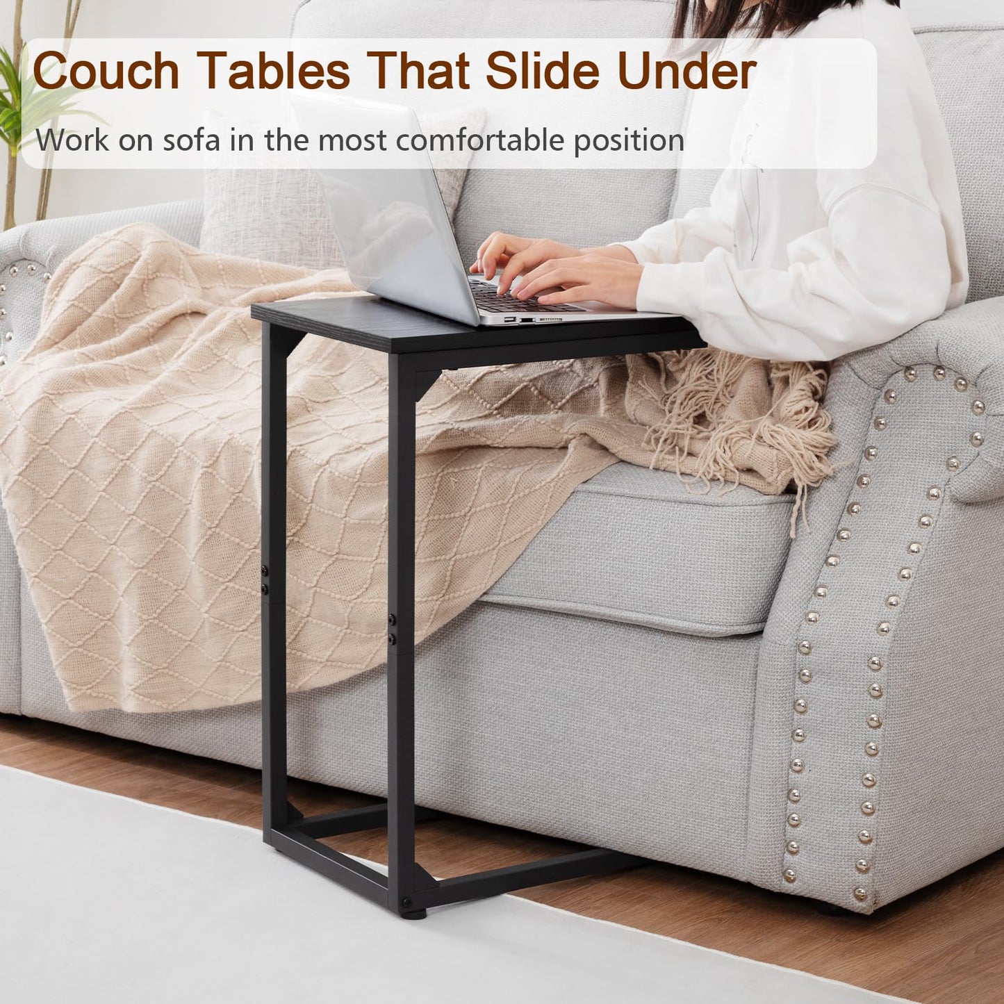 AMHANCIBLE C Shaped End Table Set of 2, Couch Side Table that Slide Under Sofa, Narrow Small Space TV Trays for Living Room, Bedroom, Black, HET02CBK