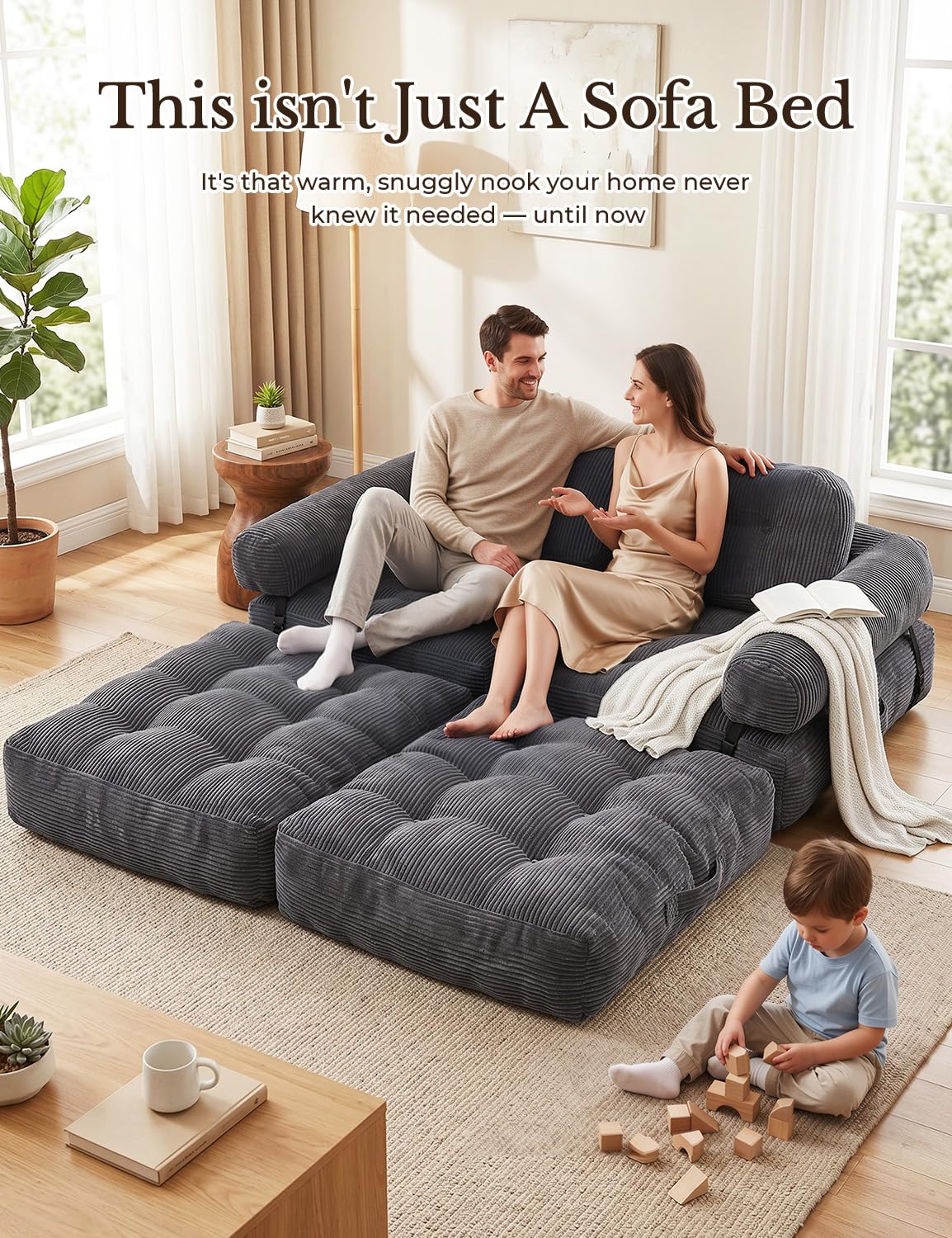 Vellorise Folding Sofa Bed, L-Shaped Couch Back Support and Arm Pillow Futon, Convertible Sofa Bed for Living Room/Guest Use/Home Office, Boneless Foldable Couch for Adults, Dark Gray