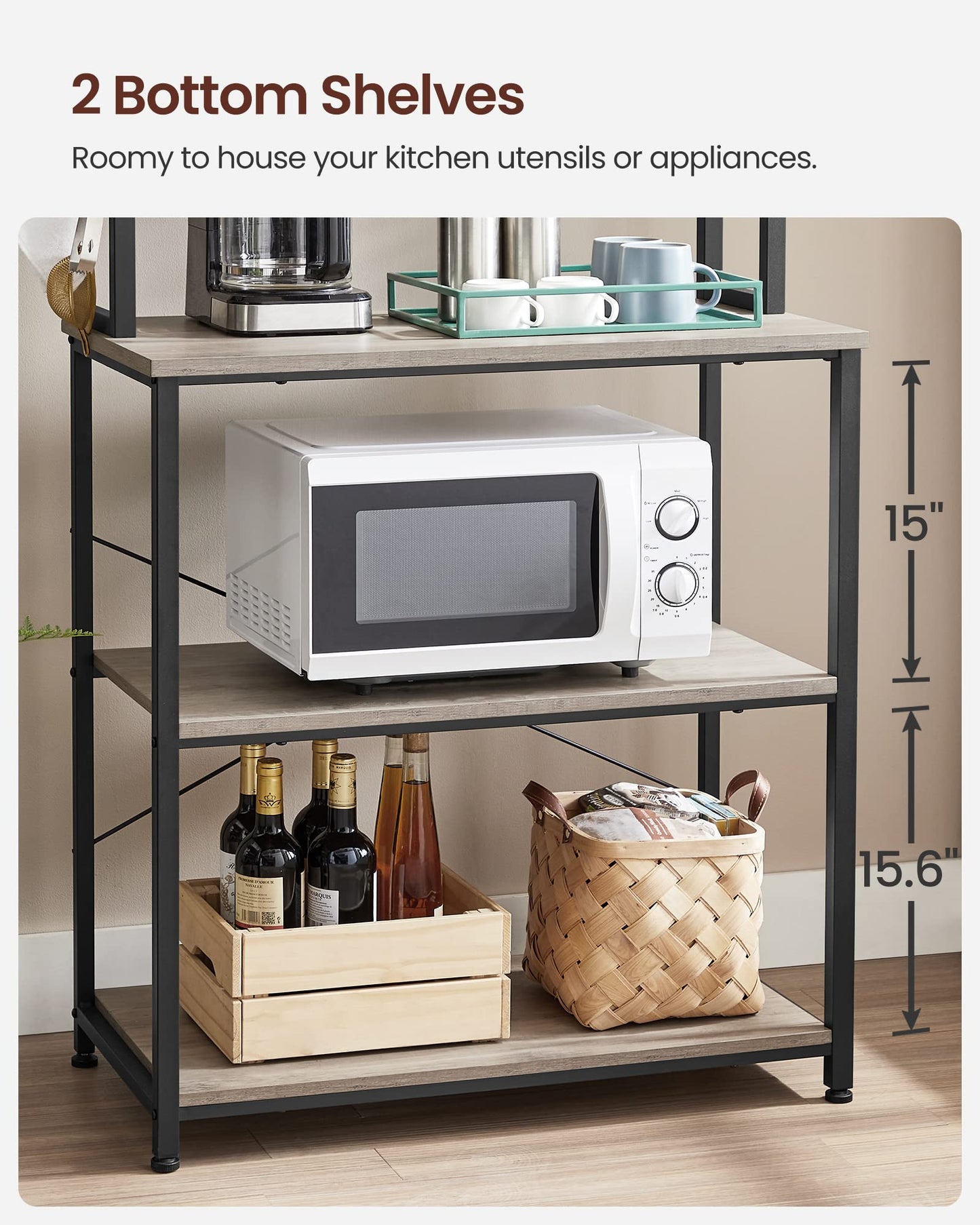 VASAGLE Coffee Bar, 31.5 Inches Baker's Rack for Kitchen with Storage, 6-Tier Kitchen Shelves with 6 Hooks, Microwave Stand, Industrial, Heather Greige and Ink Black UKKS019B02