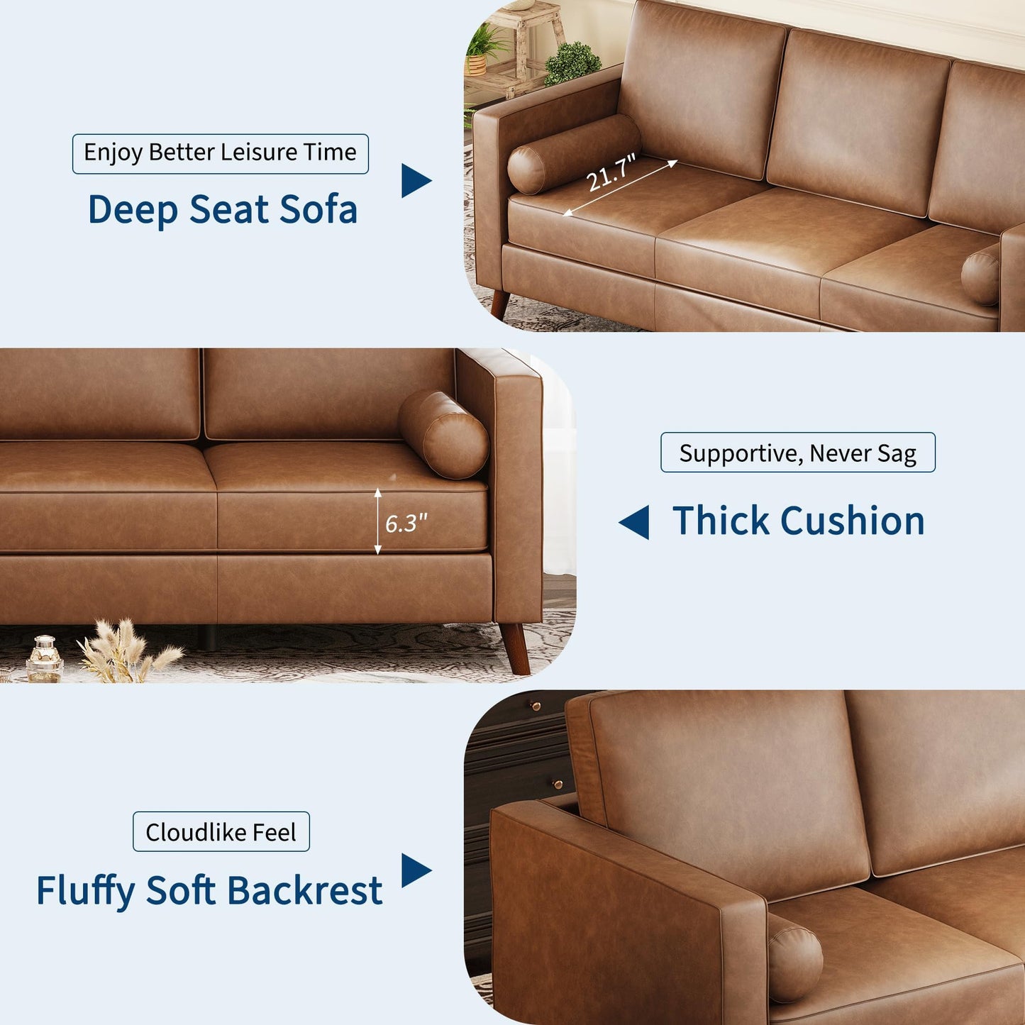 GAOMON 81" Leather Couch for Living Room, Mid Century Modern 3-Seater Sofa with Deep Seat, Faux Leather Sofa for Apartment, Home Office, Brown