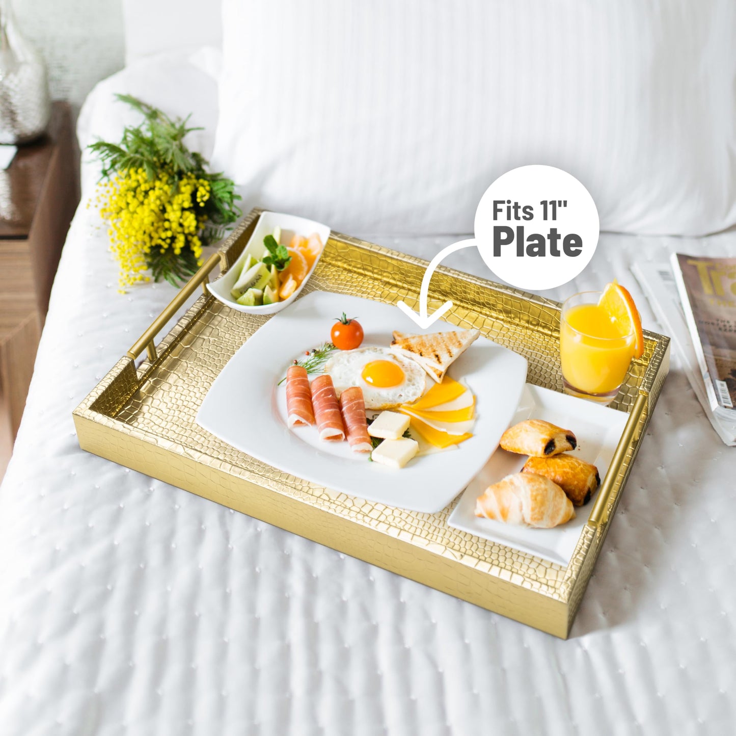 ATZYmolin 17" x 12" Wood Serving Tray with Gold Polished Metal Handles, Home Decorative Wooden Rectangle Ottoman Leather Decor Platter Bathroom Vanity Tray for All Occasions Alligator Gold
