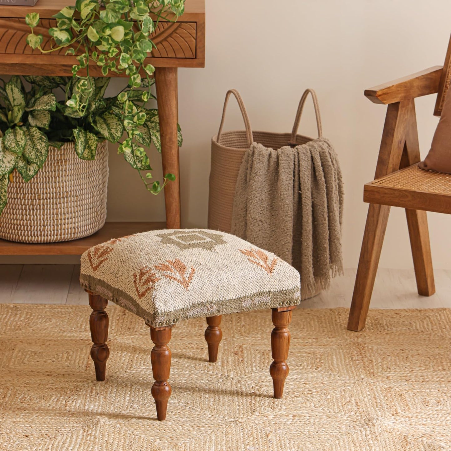 NATURAL FURNISH Handmade Jute Upholstered Ottoman Stool | Square Foot Rest with Wooden Legs | Decorative Accent Seating for Bedroom, Living Room, Entryway, Vanity & Hallway (Beige-Green)