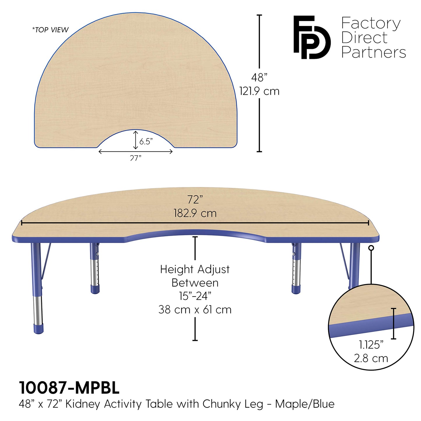 FDP Kidney Activity School and Classroom Kids Table (48 x 72 inch), Chunky Toddler Legs for Collaborative Seating Environments, Adjustable Height 15-24 inches - Maple Top and Blue Edge