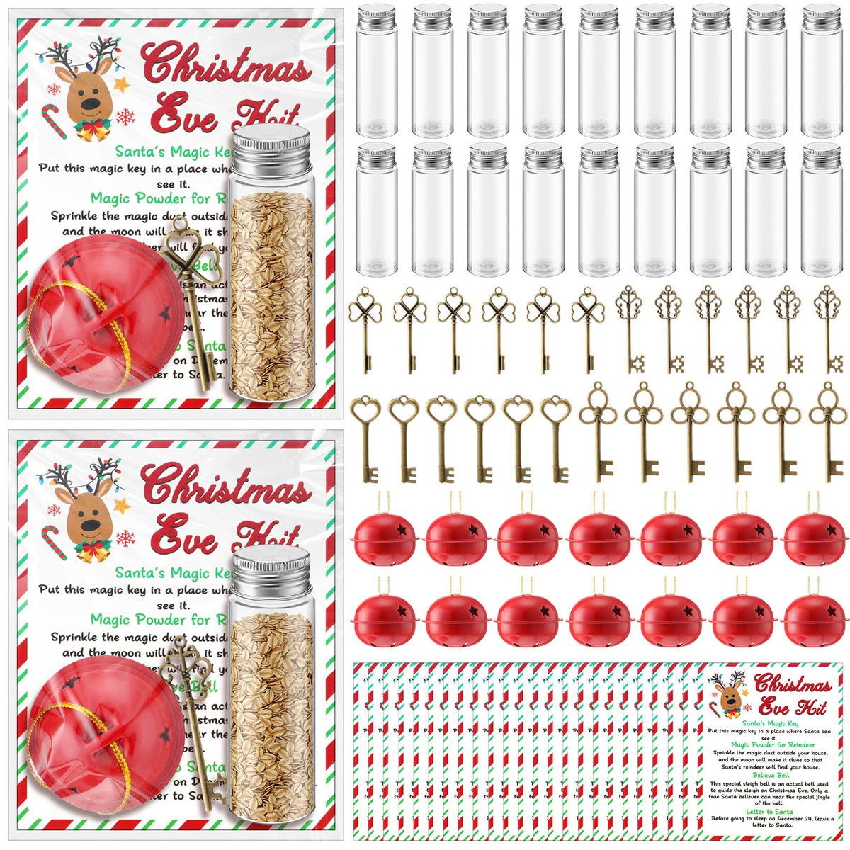 FoldTier 24 Set Christmas Eve Kit Santa Bell Santa's Magic Key Magic Reindeer Food Glass Jar Red Bell Xmas Key for Christmas Party Favor Eve Present for Family Stocking Stuffer Tree
