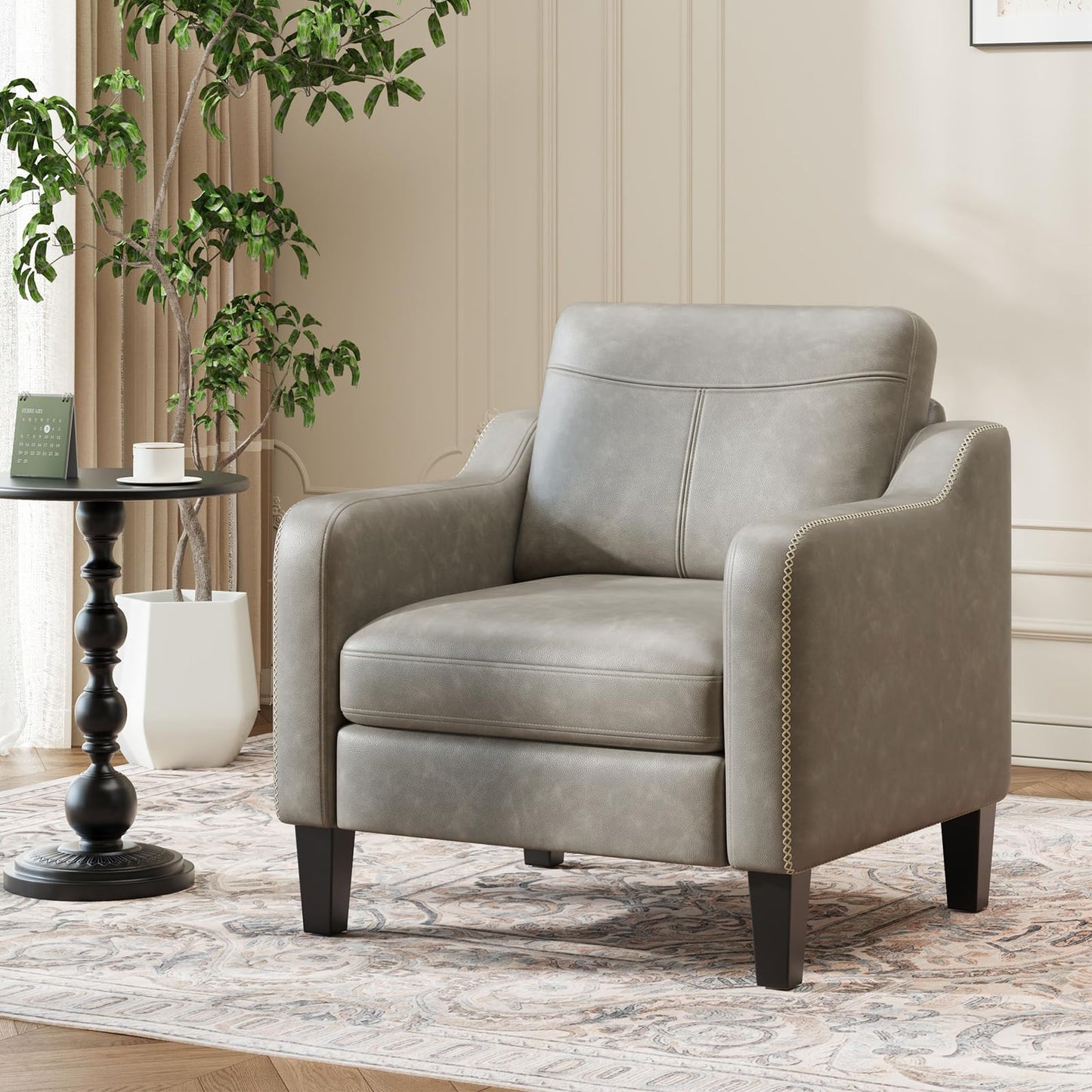 MALOL PU Leather Accent Chair Set of 2, Mid-Century Modern Living Room Armchair Sofa with Removable Cushions, Solid Wood Frame & Stitched Armrest Design, Bedroom Chair with Plastic Legs, Grey