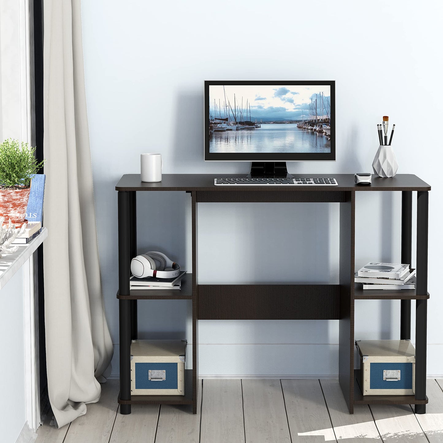 SHW 38-Inch Home Office Wood Desk with Double Sided Shelves, Espresso