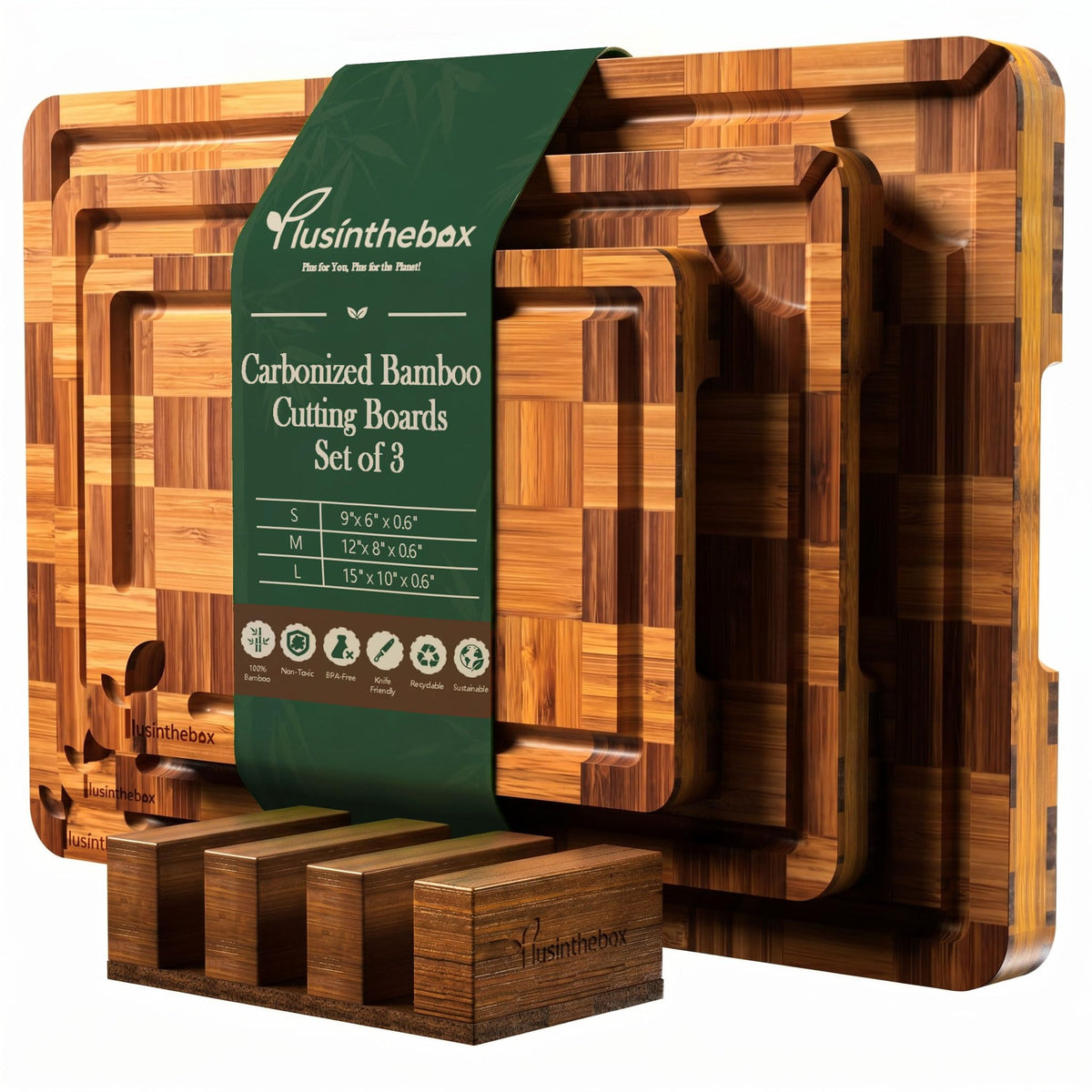 Checkered Cutting Board Set with Holder, Set of 3 Butcher Block End Grain Chopping Boards for Kitchen, Decorative Wooden Boards with Stand for Serving, Charcuterie, Meat, Fruit and Meal Prep