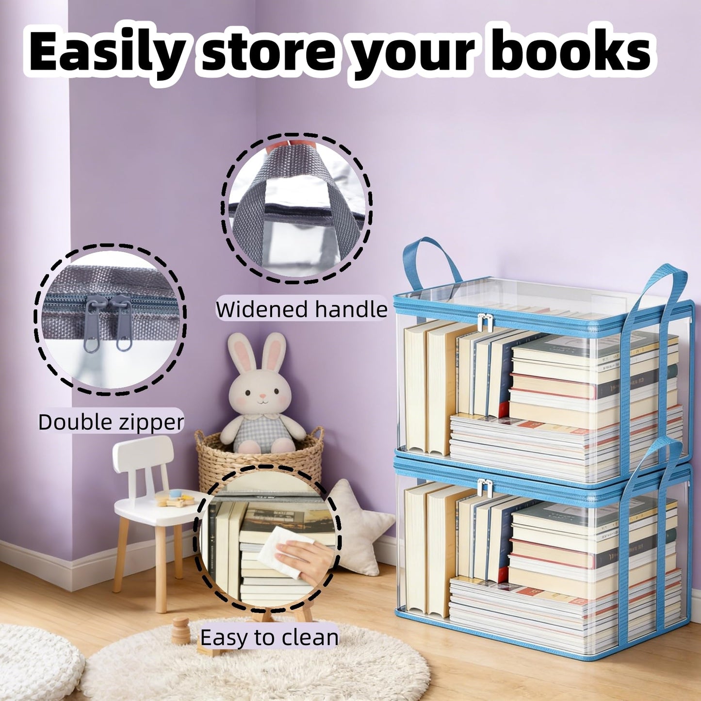 Clear Book Storage Bag with Reinforced Handles - Heavy Duty Plastic Comic Book Organizer & DVD Storage Bin - Collapsible Media Tote with Zipper Lid for Books, Journals and Albums - 15" x 9.5" x 12.5"