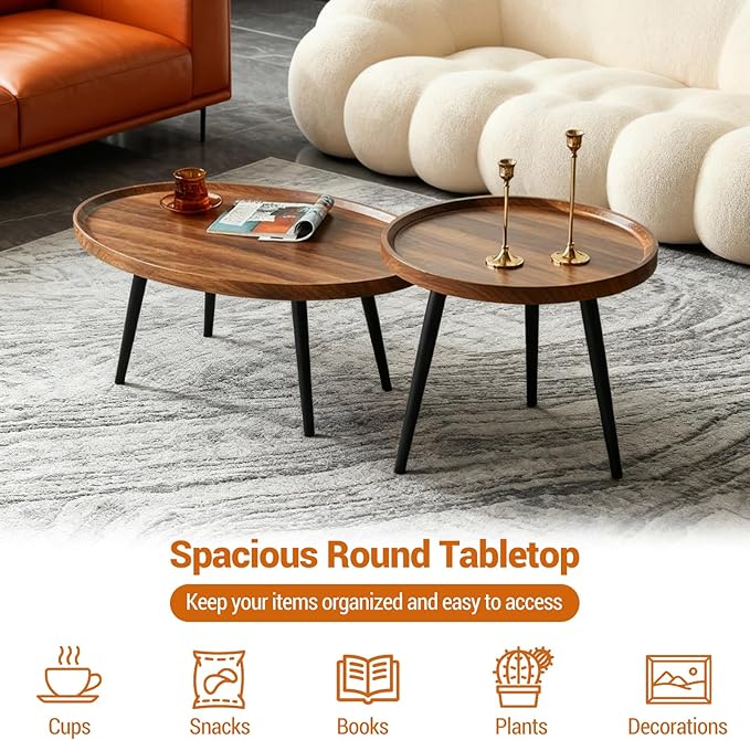 Garvee Nesting Coffee Table Set of 2, 2-Piece Walnut Coffee Tables, Mid Century