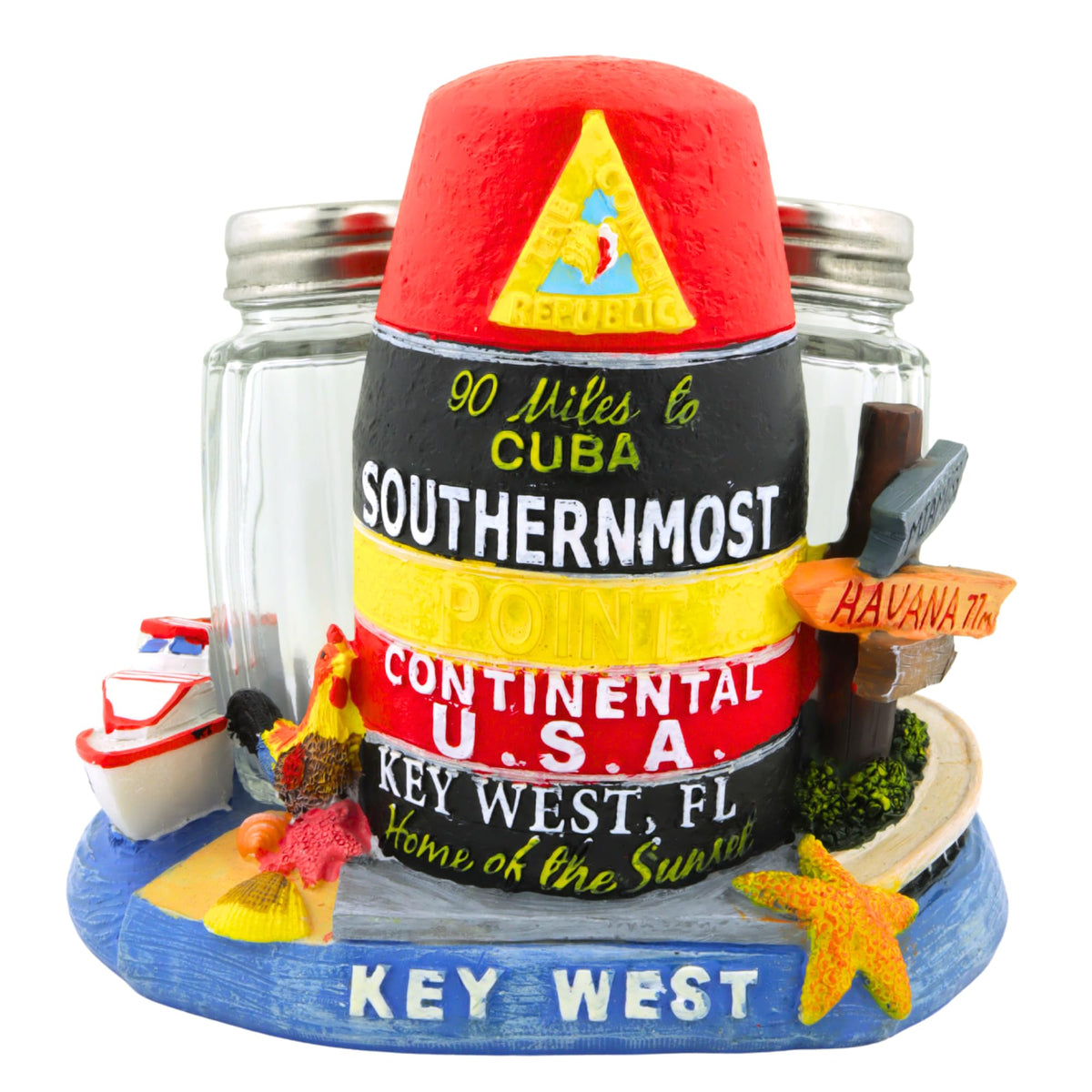 Key West Collage Salt and Pepper Shaker Holder Set with Glass Shakers, Tabletop Accessory for Kitchen, 4.5 Inches