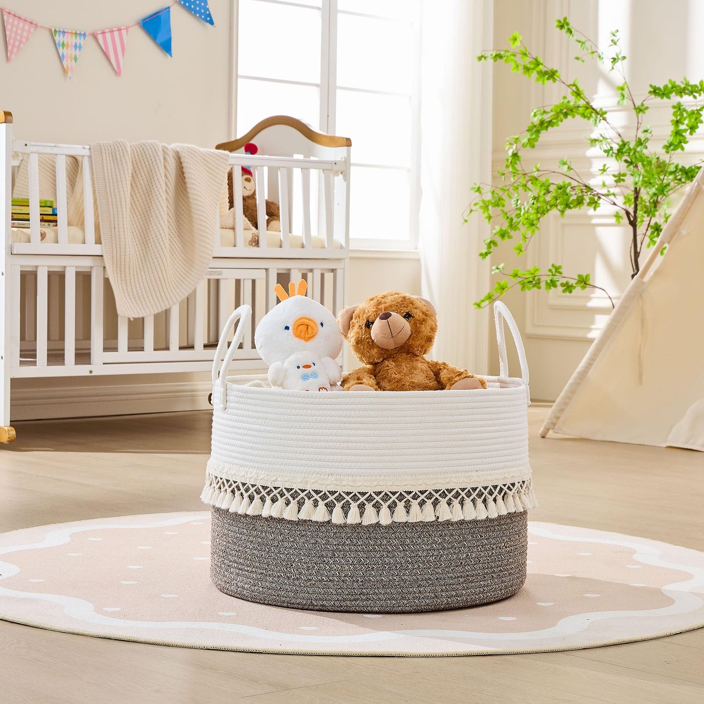 KAKAMAY Cotton Rope Storage Basket (20"x13"),Woven Hamper for Blankets,Toys,Pillows,Clothes,Laundry,Sturdy Handles Decorative Basket for Living Room, Bedroom,Nursery(Beige Fringe)