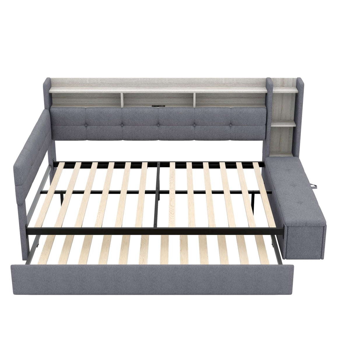 Merax Full Size Upholstered Daybed with Trundle and Storage Drawer, Headboard with Light, Shelves, USB Charging Station, Multi-Functional Bed for Guest Room, Living Room, No Box Spring Needed, Gray