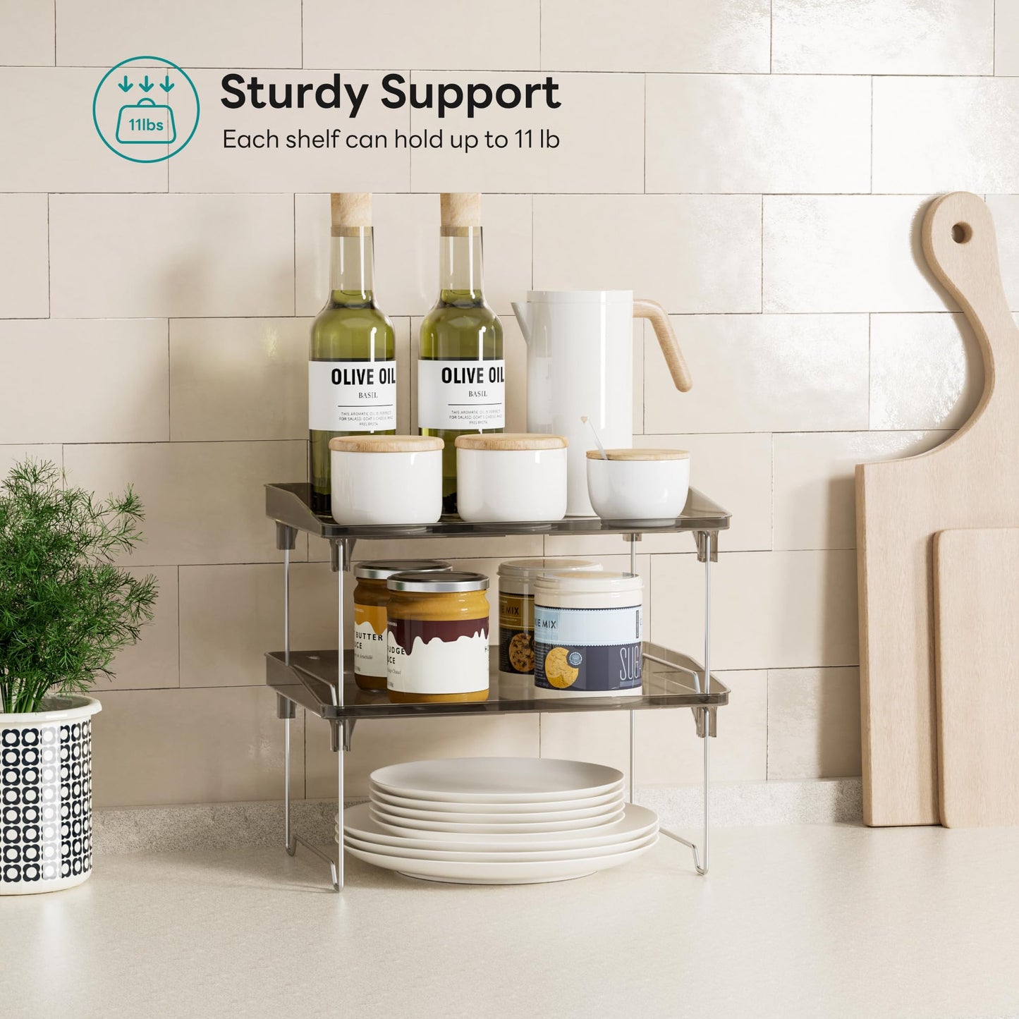 STARLATTA 2 Pcs Cabinet Organizer Shelf，Stackable Kitchen Counter Shelves, Spice Rack,Countertop Organizers，Black Plastic Storage Shelves Rack for Makeup，Bathroom, Cupboard，Desk，Pantry Organization