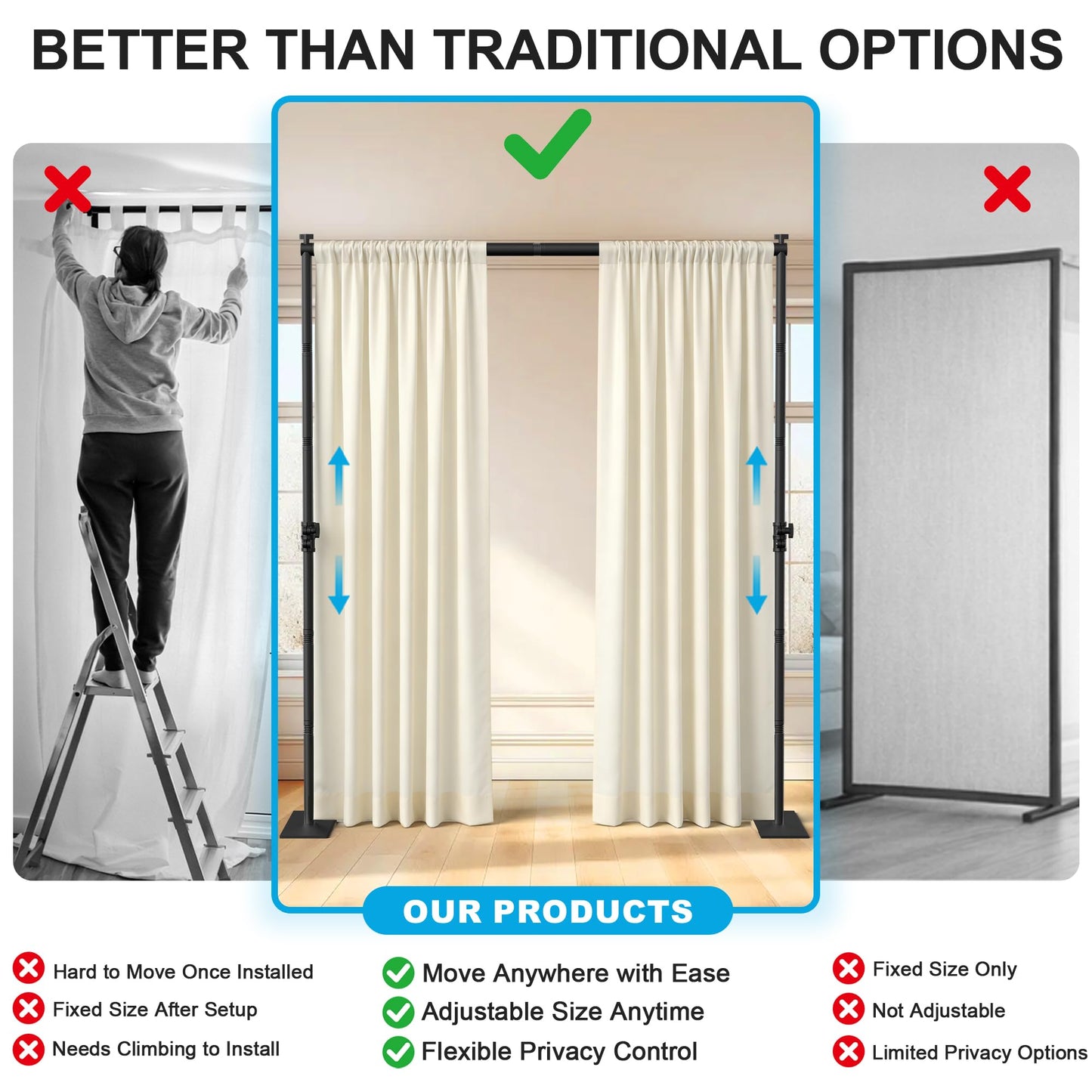 AKTOP Room Divider Curtain Rod, Freestanding No Drilling Privacy Room Separator for Space Partition, 89" H x 91" W Adjustable Heavy Duty Wall Divider Tension Rod for Room Separation with Carrying Bag