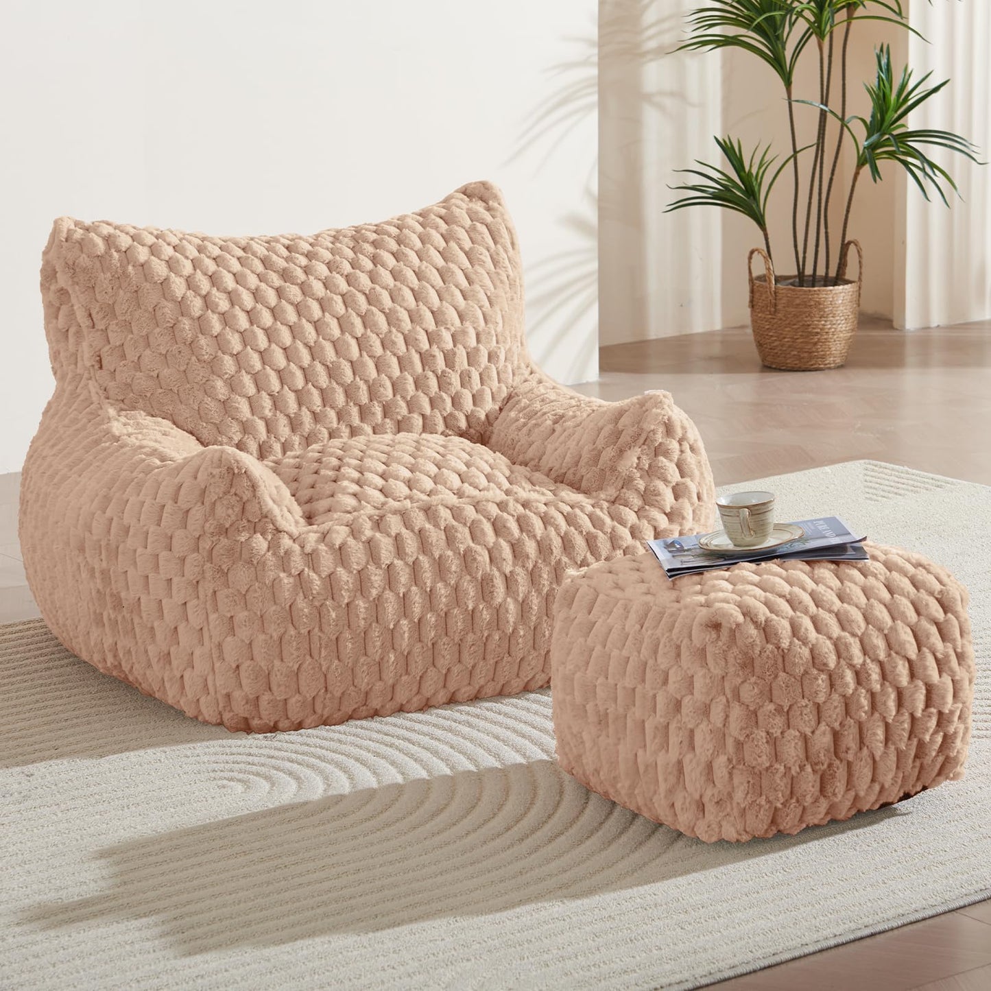 Bean Bag Chair with Ottoman - Modern Comfy Beanbag Sofa with Footrest, Soft Faux Fur Lounger Chair for Adults Teens, Cozy Memory Foam Filled Gaming Reading Chairs for Bedroom, Living Room (Camel)