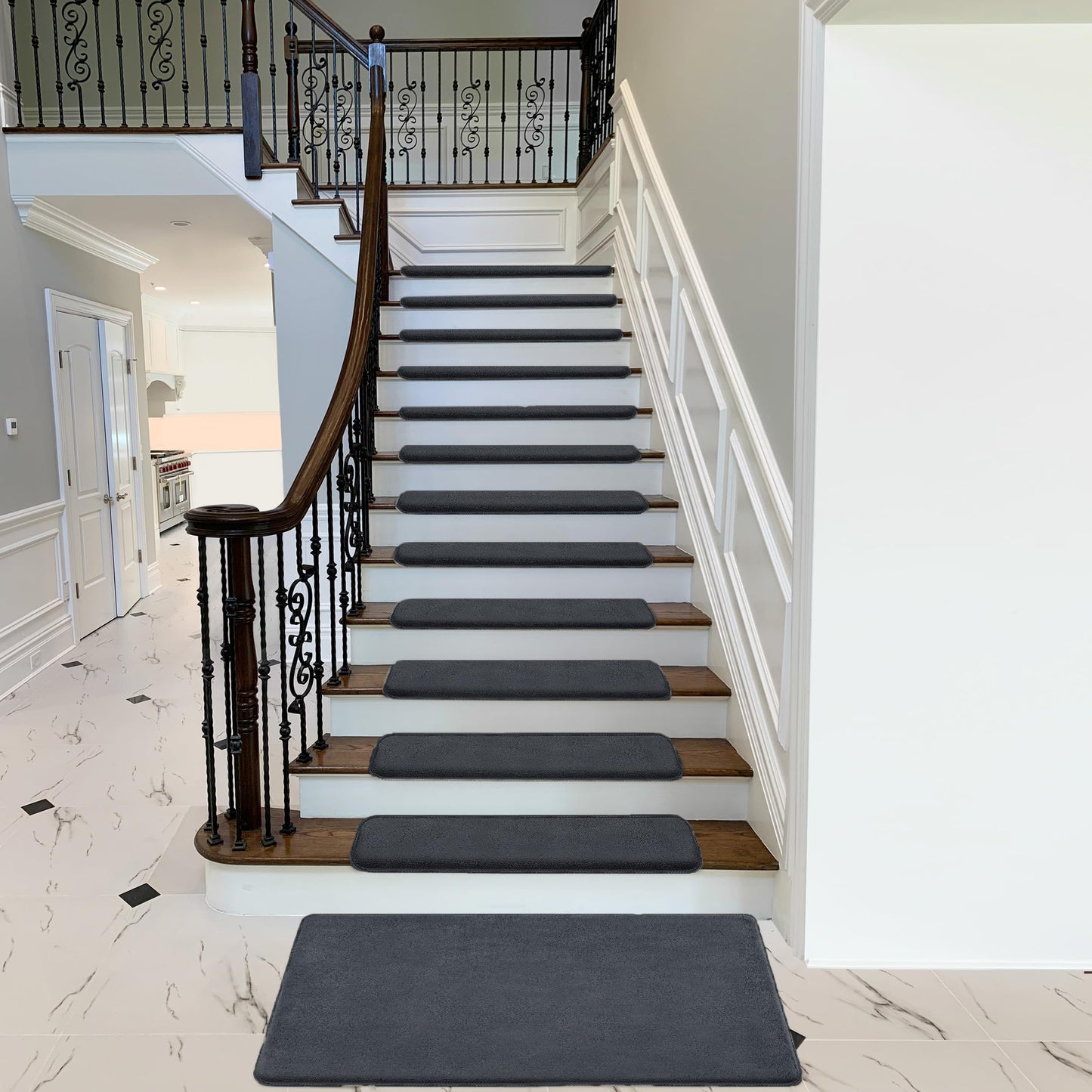 PURE ERA Carpet Stair Treads Ultra Plush 9.5" X 30"Soft Bullnose Indoor Stair Protectors Pet-Friendly Non-Slip Skid Resistant Tape Free Washable Reusable(2 Pieces,Dark Gray)