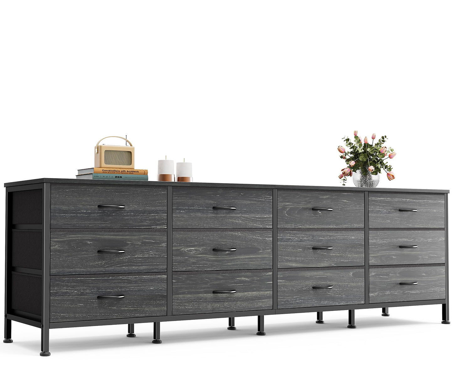 Huuger 70 Inch Dresser for Bedroom, TV Stand for 65, 75, 80 Inch TV,12 Fabric Drawer Long Dresser, Large Storage Organizer Unit, Chest of Drawer for Bedroom, Charcoal Black Wood Grain Print