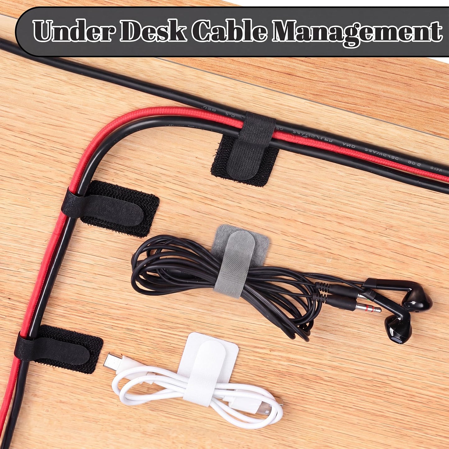 100PCS Cable Management Under Desk, Hook and Loop Cable Straps Self Adhesive Cable Organizer, Reusable Cable Ties for Cords Home Office TV Computer Car Wire Organizer, Black