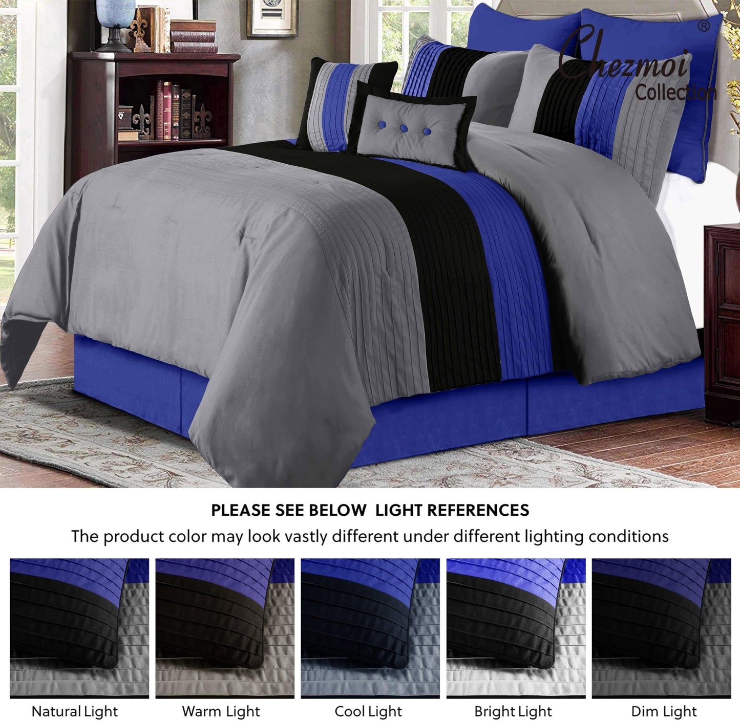 Chezmoi Collection Loft 8-Piece Oversized King Comforter Set, Gray/Blue/Black Luxury Striped Bedding for All Season