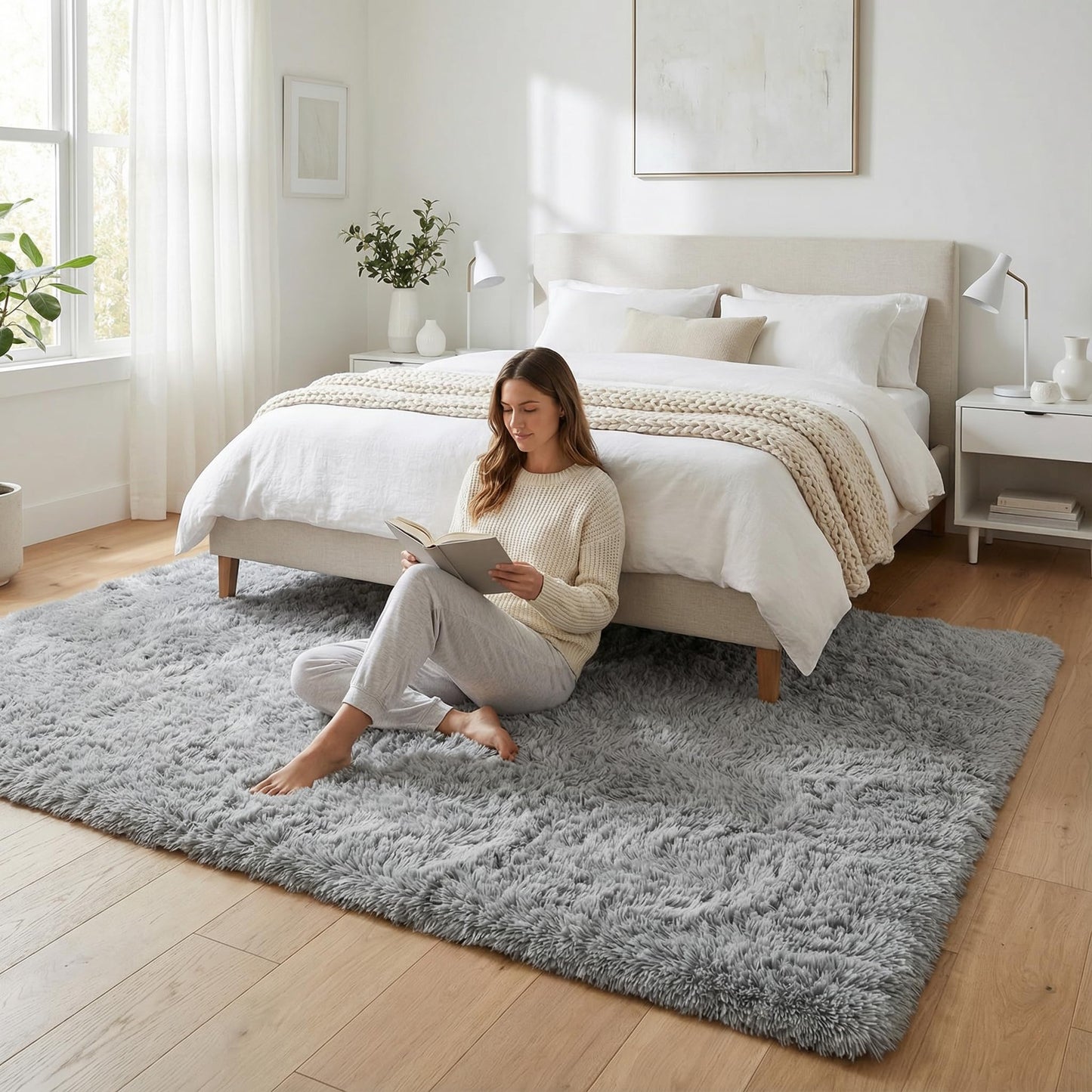 Merelax Modern Soft Fluffy Large Shaggy Rug for Bedroom Livingroom Dorm Kids Room Indoor Home Decorative, Non-Slip Plush Furry Fur Area Rugs Comfy Nursery Accent Floor Carpet 4'x6' Grey