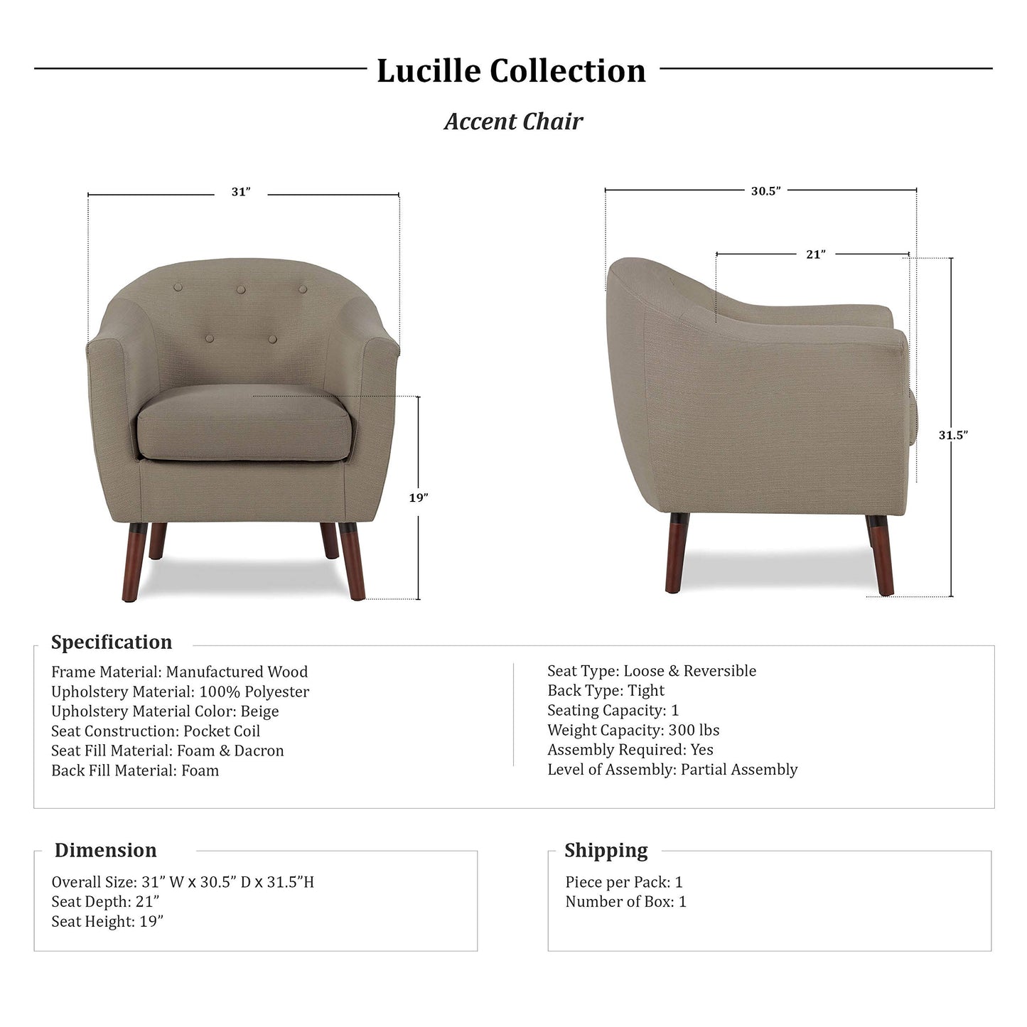 Homelegance Fabric Barrel Chair, Beige