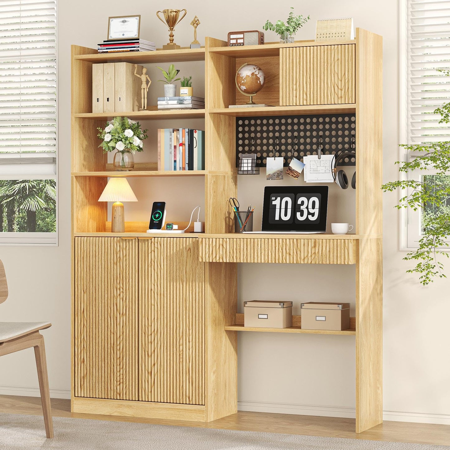 kepptory 63" Tall Computer Desk with Hutch, Fluted Wood Home Office Desk with Charging Station, Drawer & Storage Cabinet, Oak Workstation for Work & Study