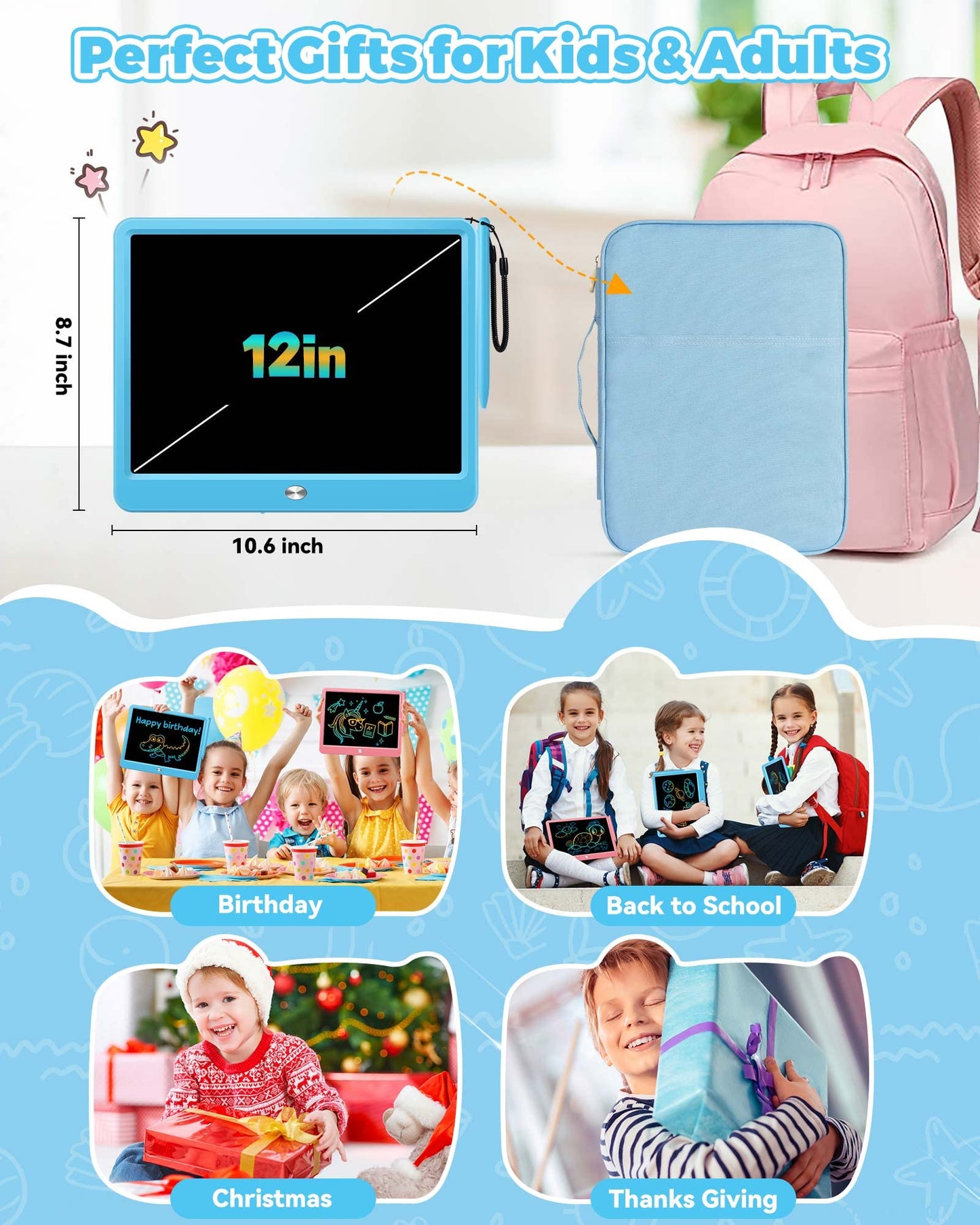 KOKODI 12 Inch LCD Writing Tablet with Anti-Lost Stylus, Erasable Doodle Board Colorful Toddler Drawing Pad, Car Travel School Games Toys for 3 4 5 6 7 8 Kids, Birthday Gift for Girls Boys Adults Blue