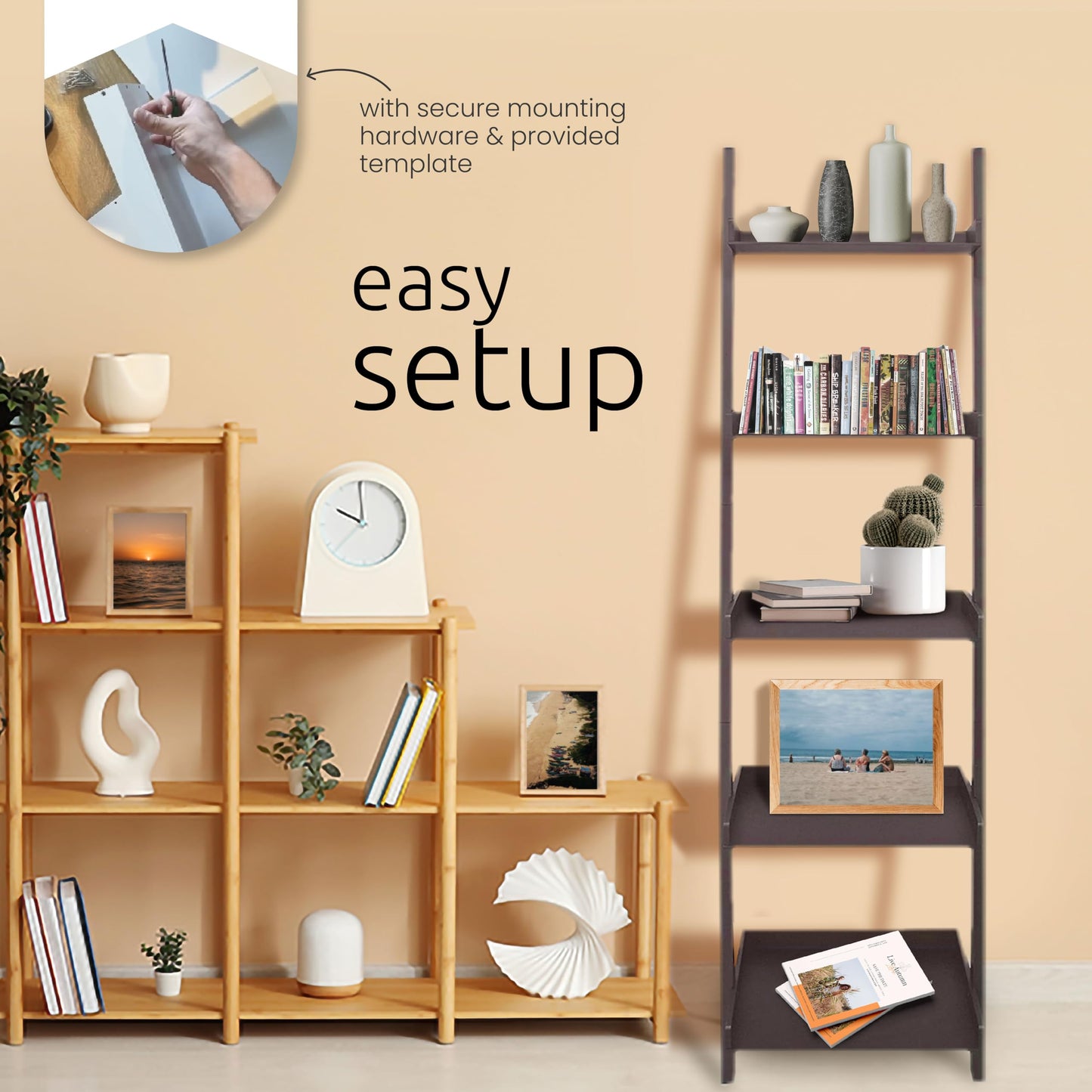 Kiera Grace Providence Hadfield 5 Tier Ladder Shelf, Leaning Bookshelf Storage Rack for Home, Office, 18" x 67", Cloud Grey
