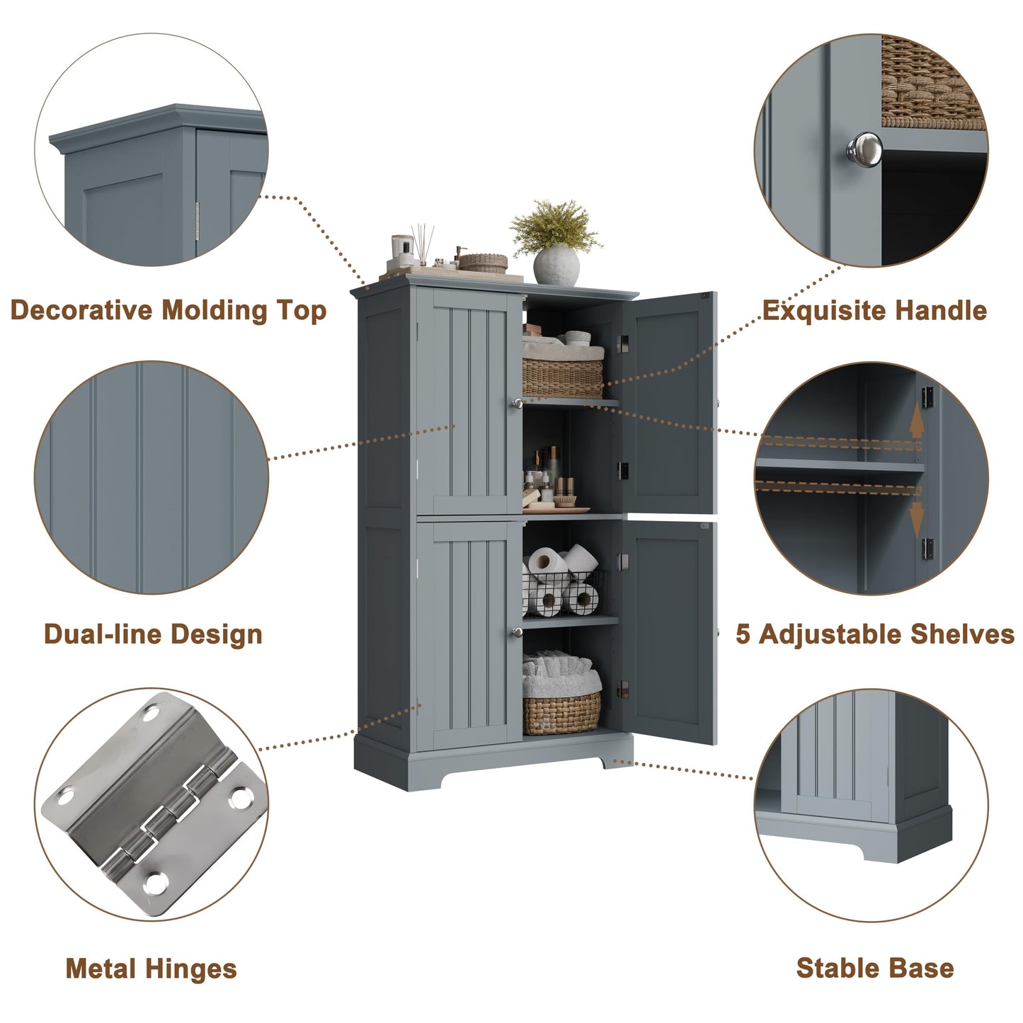 ChooChoo Bathroom Floor Cabinet, Modern Bathroom Storage Cabinet with 4 Doors and Adjustable Shelves, Freestanding Cupboard for Living Room, Grey