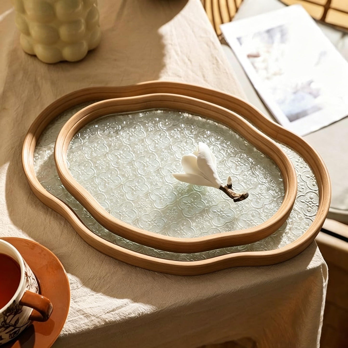 Glass Decorative Serving Tray with Crabapple Pattern, Wood Decorative Tray for Coffee Table, Kitchen, Vanity, Bathroom, or Ottoman，Perfect for Bread Food Fruit Display & Storage