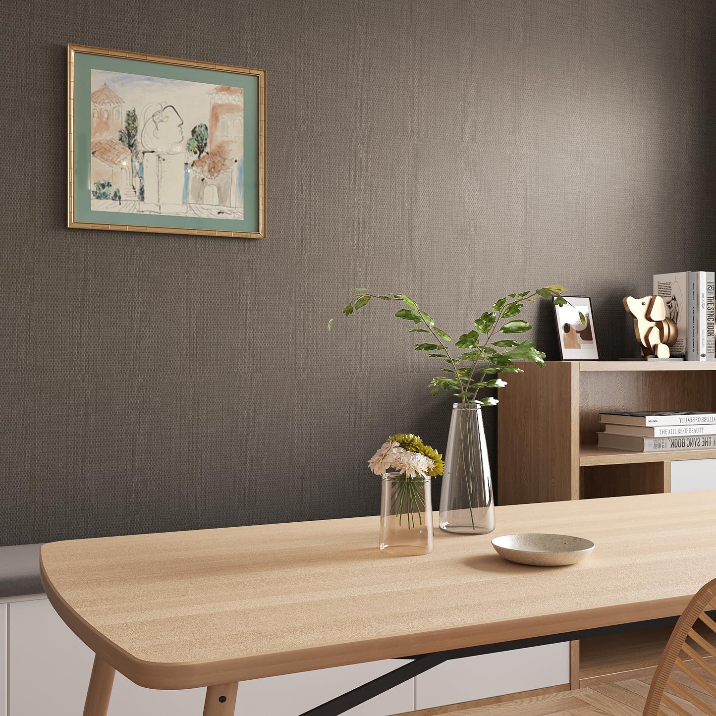 VaryStyle Luxury Brown Gold Grasscloth Peel and Stick Wallpaper Textured Grass Cloth Wallpaper for Bedroom Bathroom 15.7"x118" Removable Waterproof Vinyl Brown Contact Paper for Furniture Shelf Liner