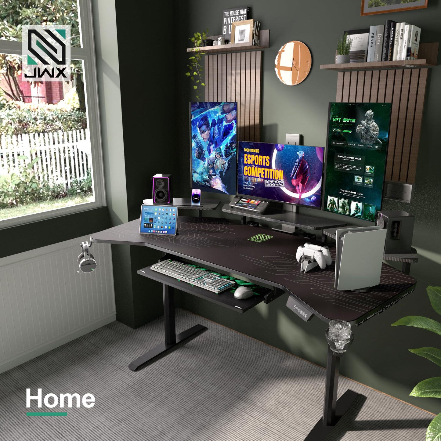JWX Dual Motor Standing Gaming Desk with Aluminum Alloy Led Lights, 72'' Wing Shaped Large Gaming Studio Music Desk with Slot Design Shelves, for Streamer, Social Media Influencer & Music Recording