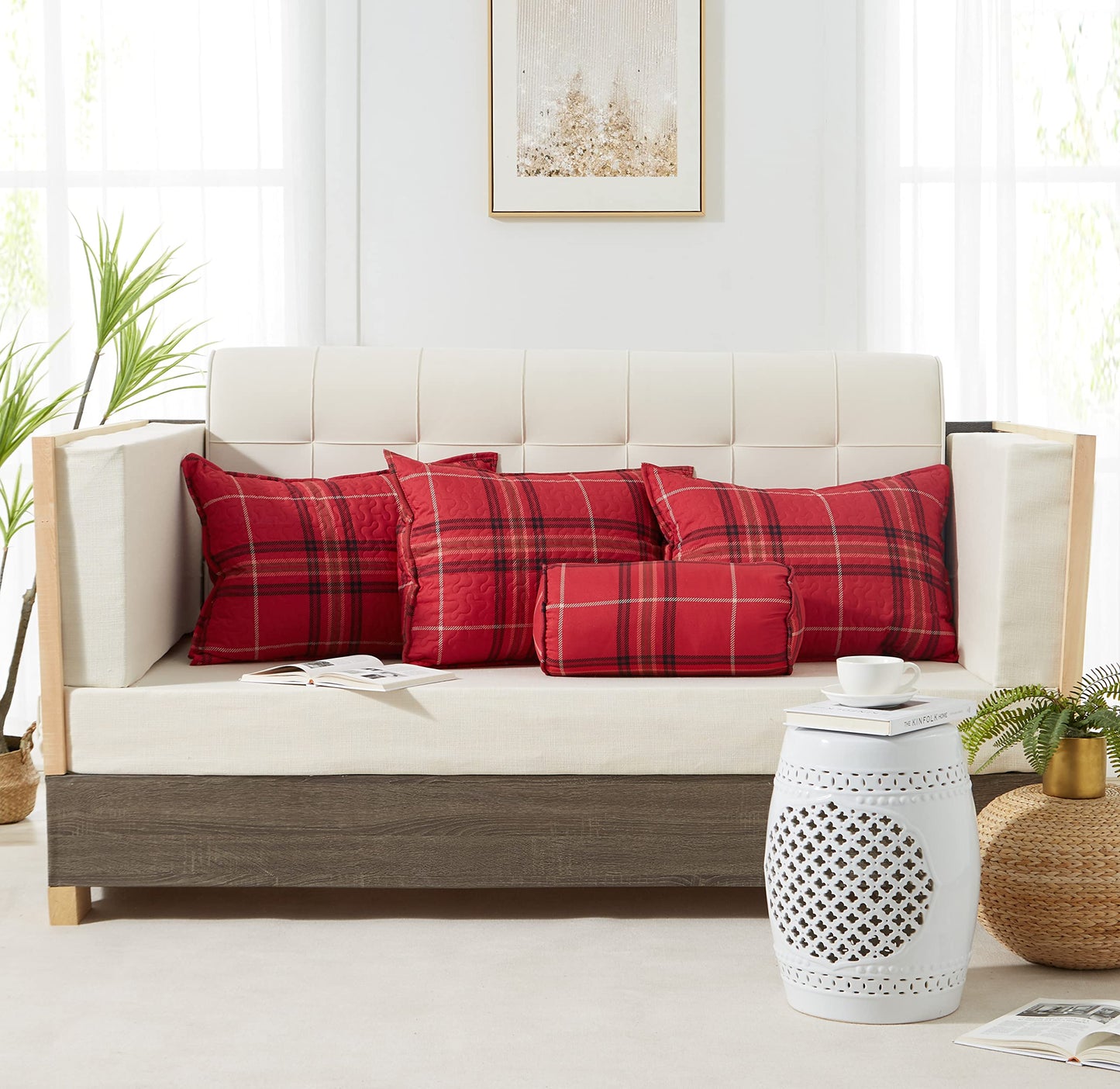 Southshore Fine Living, Inc. Twin Daybed Cover Set, 6-Piece Daybed Comforter Set for Trundle Bed with Quilt, 3 Pillow Shams, Bed Skirt, Throw Pillow, Red Plaid Christmas Bedding