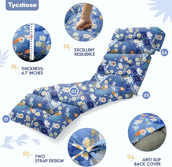 Waterproof Outdoor Chaise Lounge Chair Cushion 74.4 x 22 x 4.7 Inches Memory