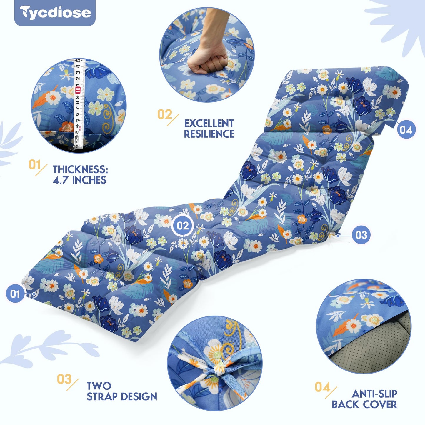 Tycdiose Waterproof Outdoor Chaise Lounge Chair Cushion 74.4 x 22 x 4.7 Inches Memory Foam Lounge Chair Cushions for Outdoor Furniture with Ties, Thickened Pool Lounge Chair Cushion, Blue Floral
