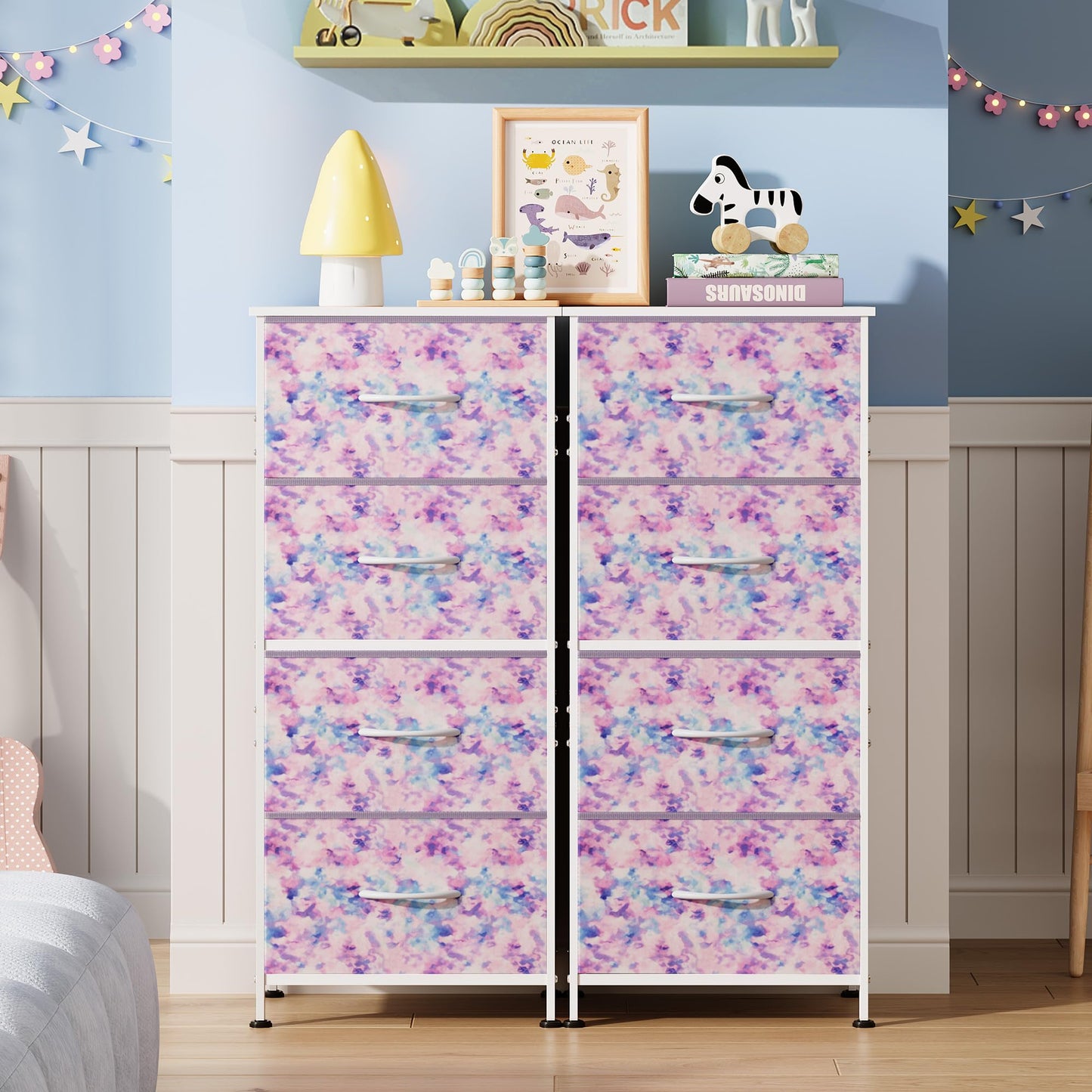 WLIVE Dresser with 4 Drawers, Storage Tower, Organizer Unit, Fabric Dresser for Bedroom, Hallway, Entryway, Closets, Sturdy Steel Frame, Wood Top, Easy Pull Handle, Tie-dye Print (Pink, Purple, Blue)