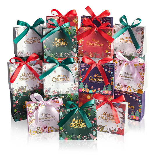 24 Pack Christmas Mini Gift Bags,5.5x 2.5x4.7 Inch Small Xmas Goodie Bags with Ribbon for Kids, Holiday Party Favors Boxes for Candy, Cookies, Jewelry, Christmas Tree Decoration