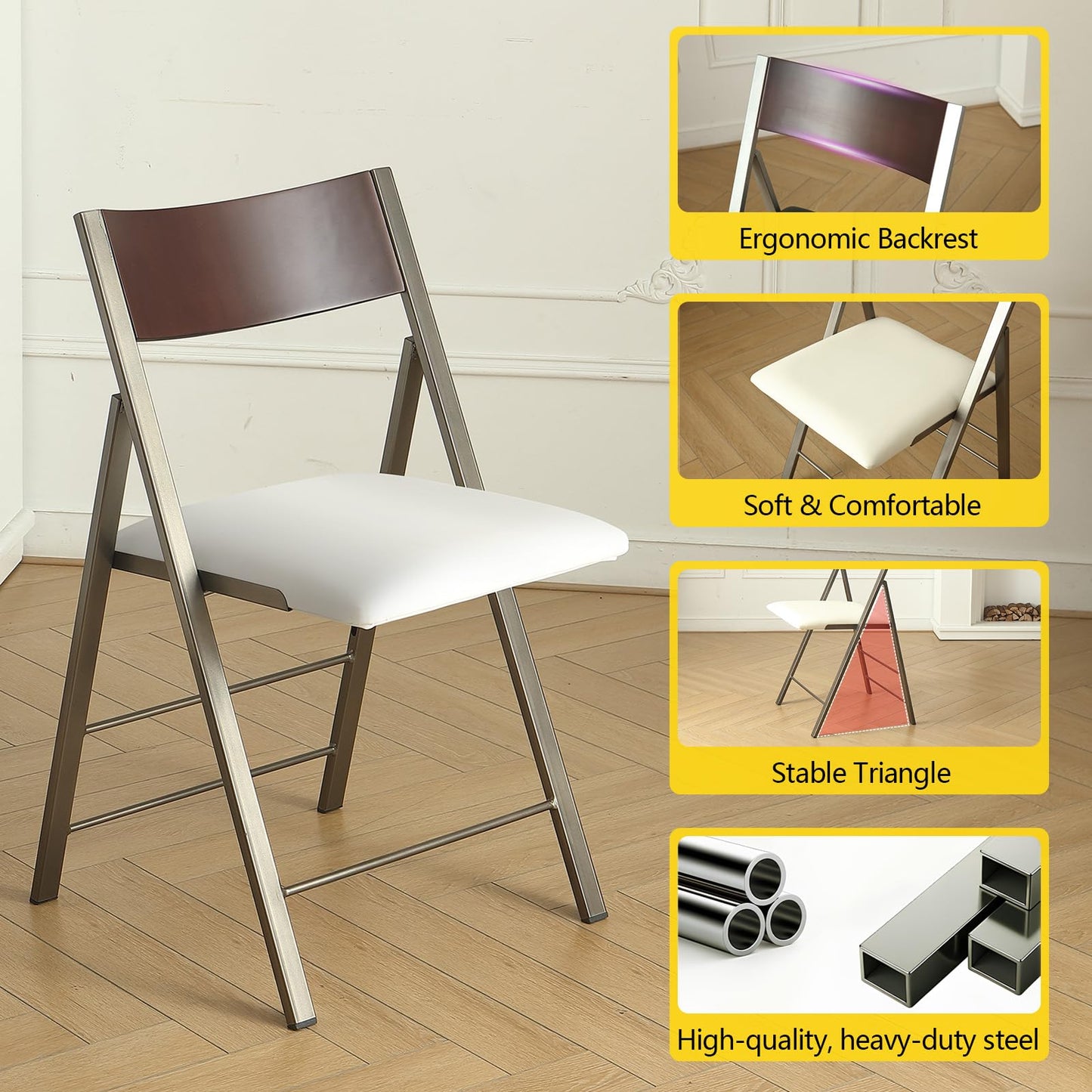VASTATIO Folding Chairs with Cushion 2 Pack - Heavy Duty Steel Frame Foldable Dining Chairs, Waterproof Leather Indoor Outdoor Padded Chairs for Home, Conference Rooms,Weddings, Events (White)