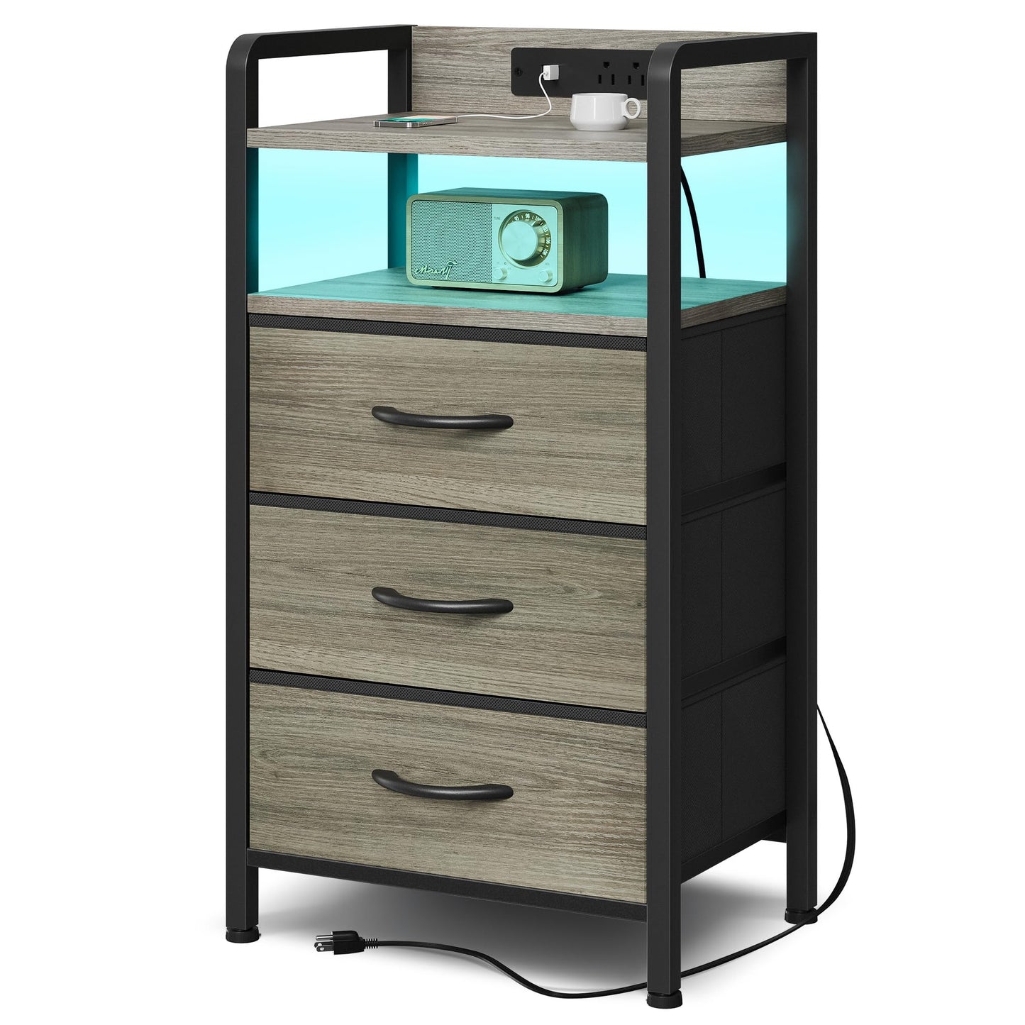 Lazzanto Night Stand with Charger Station - Grey Nightstand with LED Light Strip, Morden Bedside Table with USB Ports & AC Outlets, End Table with Storage Shelf & 3 Fabric Drawers