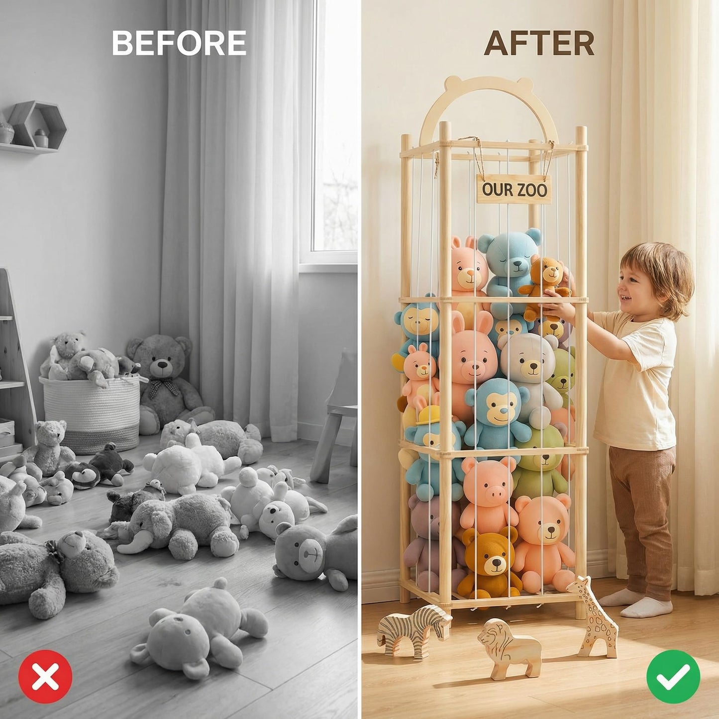 Sortivo Stuffed Animal Storage & Organizer with 3 Animal Figurines Set, 60In Large Capacity Stuffy & Plushies Storage Holder for Playroom, Nursery, Bedroom & Kids Furniture
