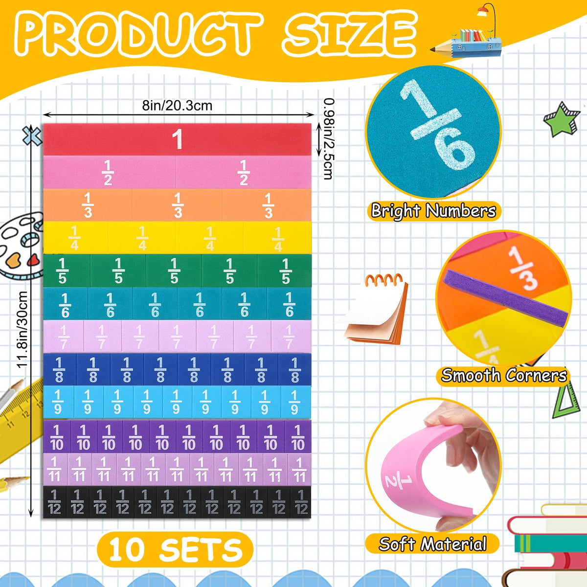 Sayglossy 10 Set Fraction Tiles Set for Math Classroom Rainbow Color Manipulatives Montessori Math Materials for Maths Classroom School Learning Educational Supplies