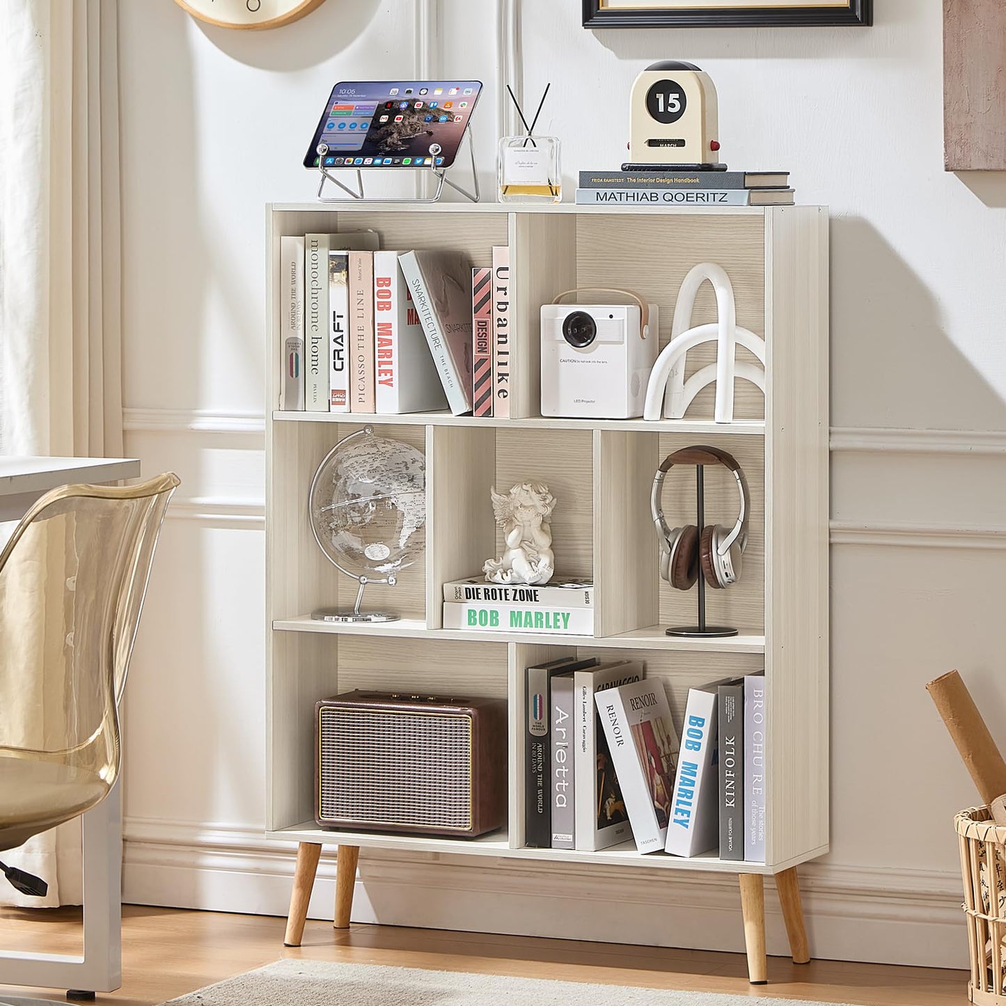 LEYAOYAO Cube Bookshelf 3 Tier Mid-Century Light Grey White Modern Bookcase with Legs,Retro Wood Bookshelves Storage Organizer Shelf,Freestanding Open Book Shelves for Bedroom,Living Room,Office