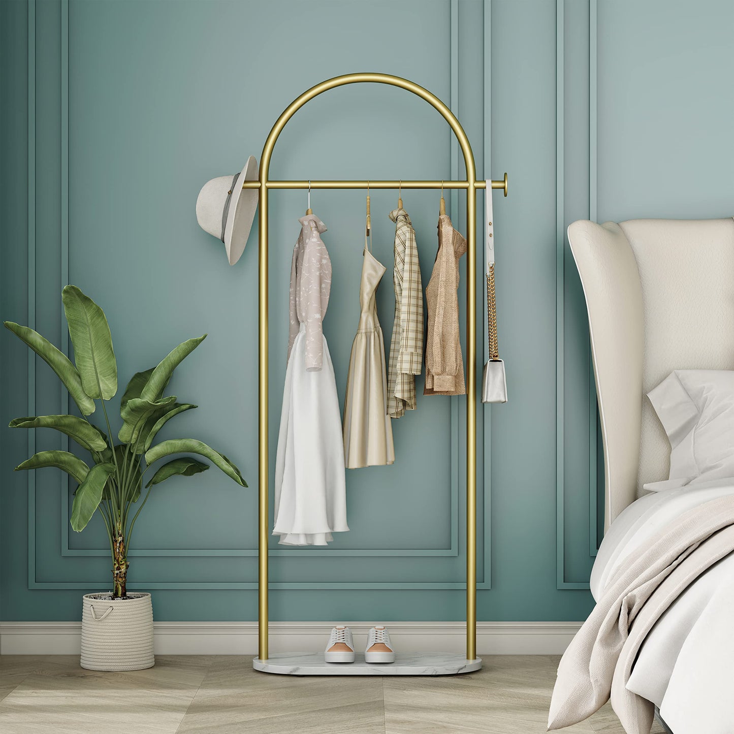 HKaikzo Gold Garment Rack, Modern Coat Racks Freestanding for Hanging Clothes Heavy-duty Clothing Rack with Marble Base, for Bedroom, Bathroom, Living Room, Boutiques 23.6" W