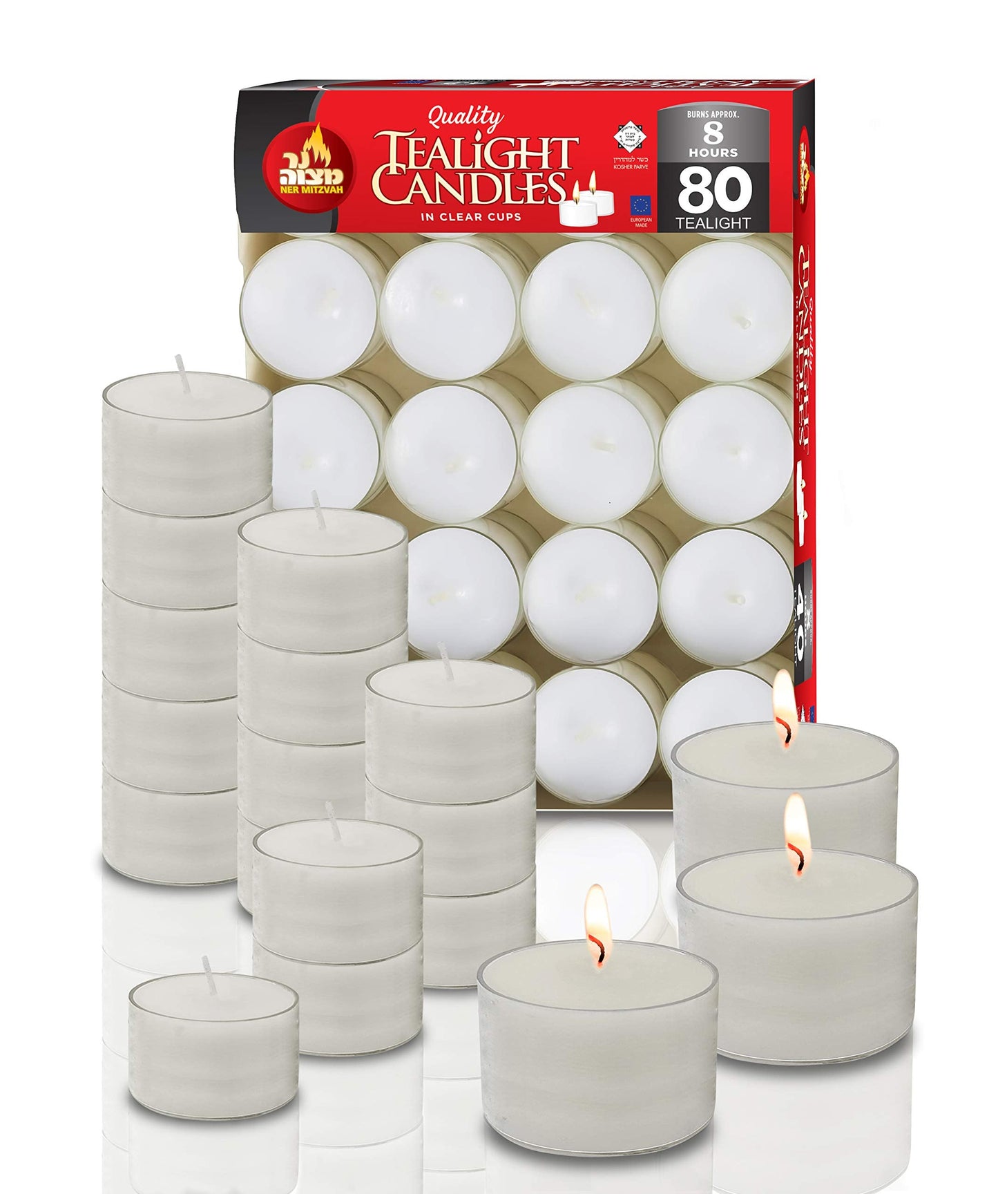 Ner Mitzvah Long Burning Tealight Candles - 8 Hours - White in Clear Cups - Unscented - 80 Pack - Made in EU