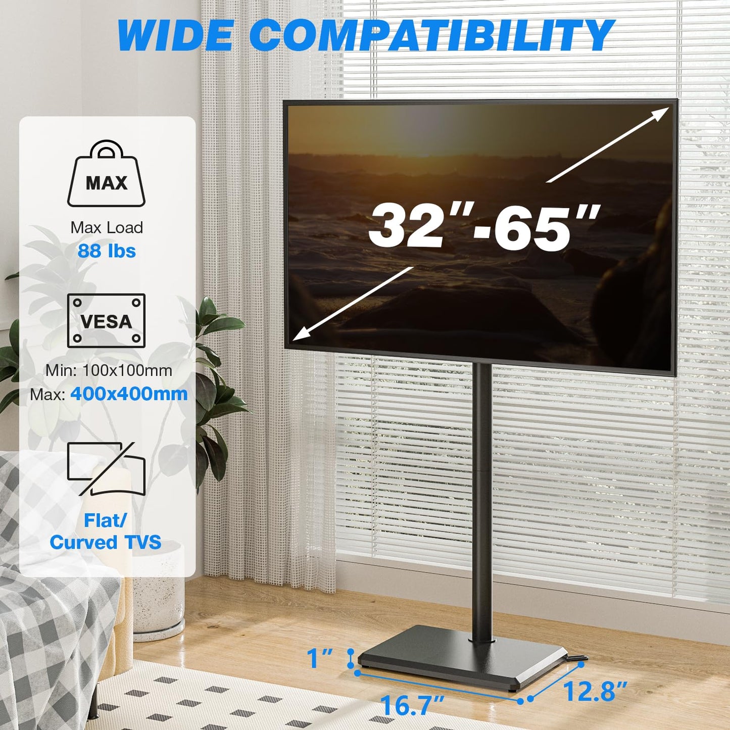 Rfiver Swivel Floor TV Stand with Mount for 32-65 inch TVs up to 88 lbs, Height Adjustable Tall TV Stand with Wood Base, Saving Space Design for Bedroom, Living Room and Corner, Max VESA 400x400mm