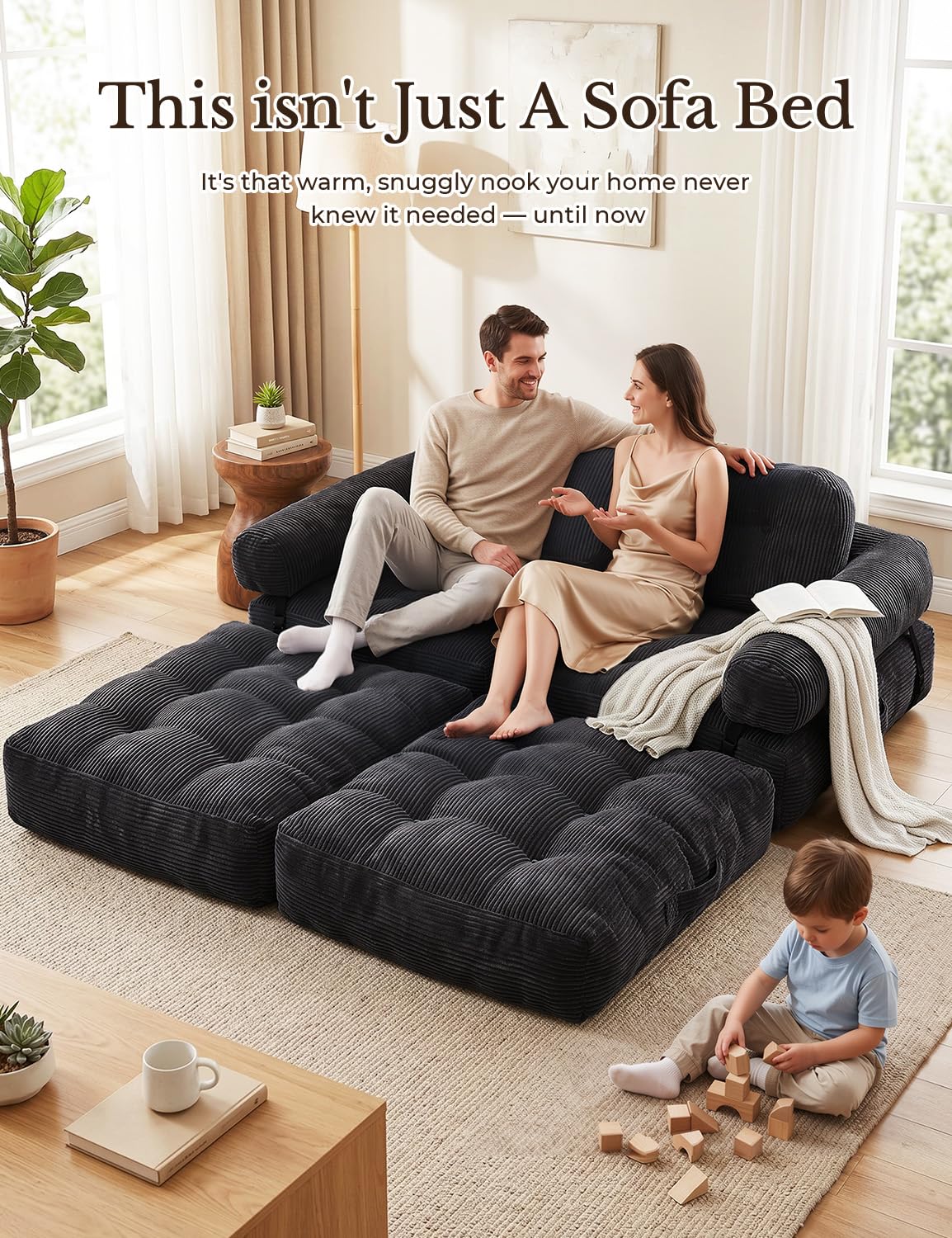 Vellorise Folding Sofa Bed, L-Shaped Couch Back Support and Arm Pillow Futon, Convertible Sofa Bed for Living Room/Guest Use/Home Office, Boneless Foldable Couch for Adults, Black