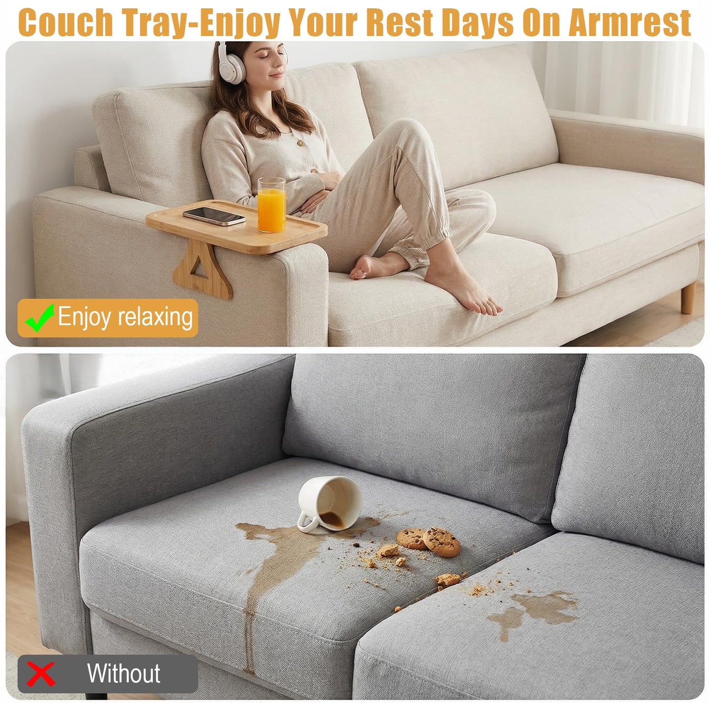Fumusae Couch Arm Tray, 13" × 9" Bamboo Foldable Sofa Armrest Table Tray Clip-On Desk for Eating TV Snacks Drinks Phone Remote, Natural Wood Wooden Holder Side Table for Armchair Recliner Small Spaces