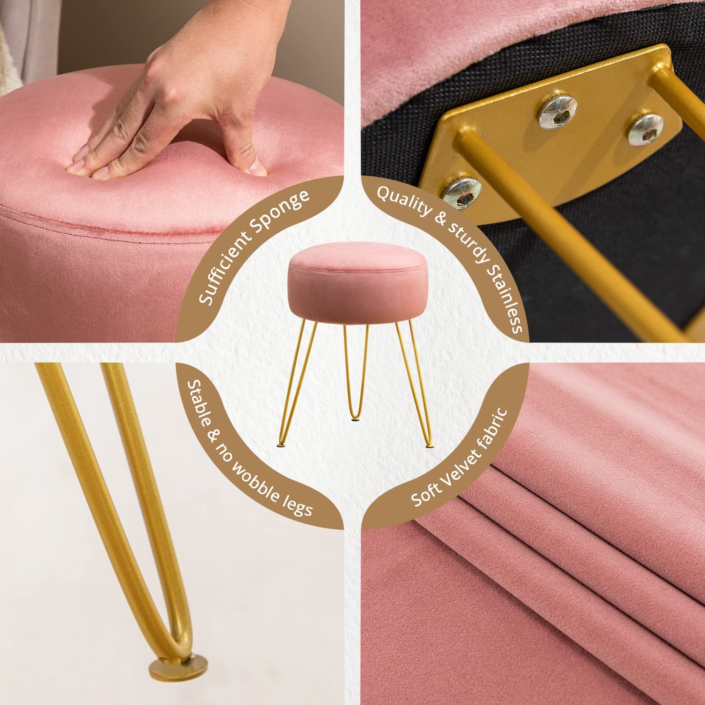 LUE BONA Vanity Stool, Pink Vanity Stools for Makeup Room, Round Ottoman Foot Stool, Velvet Footrest Vanity Chair for Bathroom Vanity, Bedroom, Living Room, Entryway, Offices, 300lbs