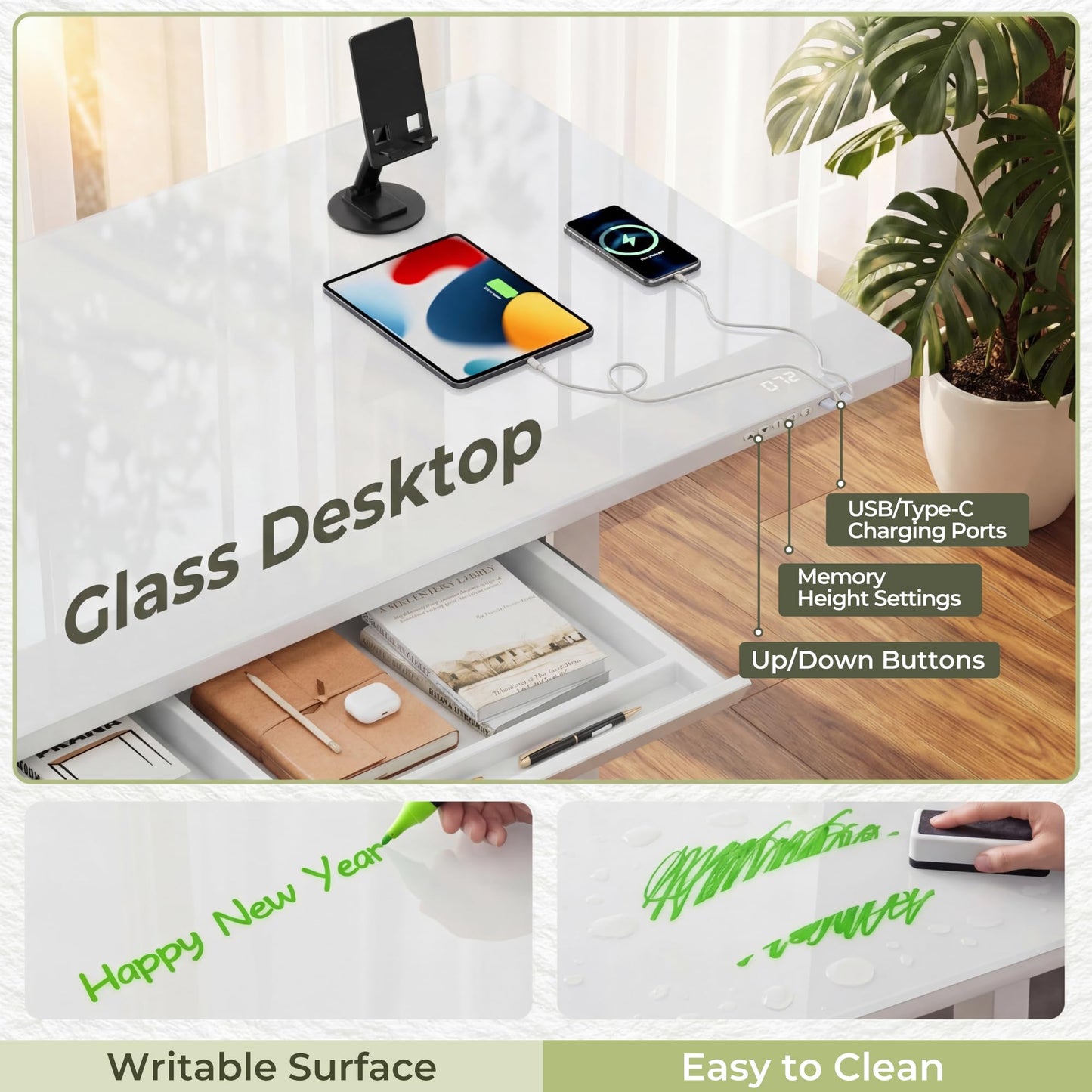 Furmax Glass Standing Desk with Drawers, Electric Adjustable Home Office Sit Stand Desk with One-Piece Desktop & USB Charging Port for Computer Desks